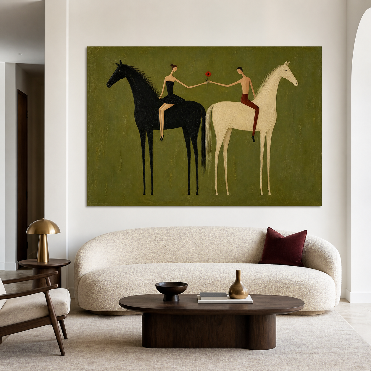 Hand-painted equestrian wall art with two horse riders