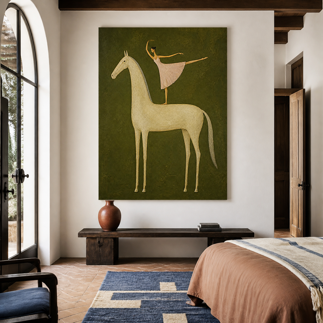 Olive green horse wall art with elegant female dancer