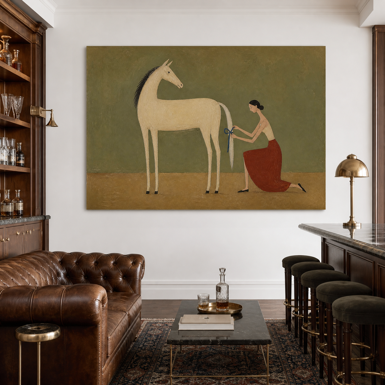 Woman tying blue ribbon on white horse oil painting