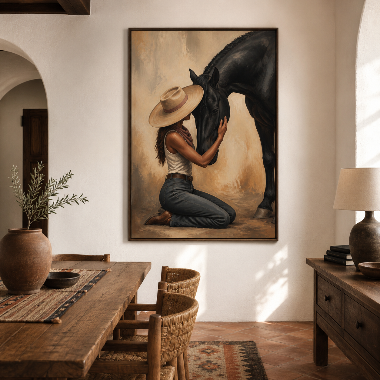 Equestrian wall art
Western horse decor
Woman touching horse painting