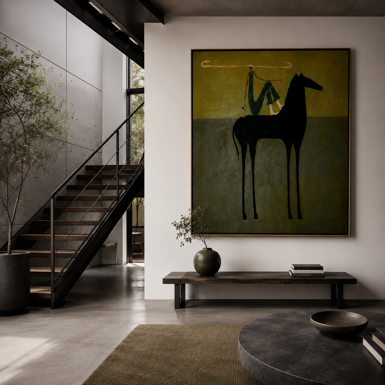 Equestrian wall art featuring black horse and saddle