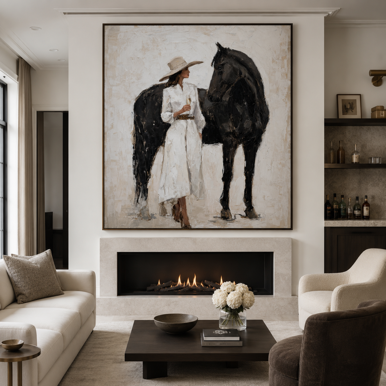 Equestrian wall art featuring woman and black horse