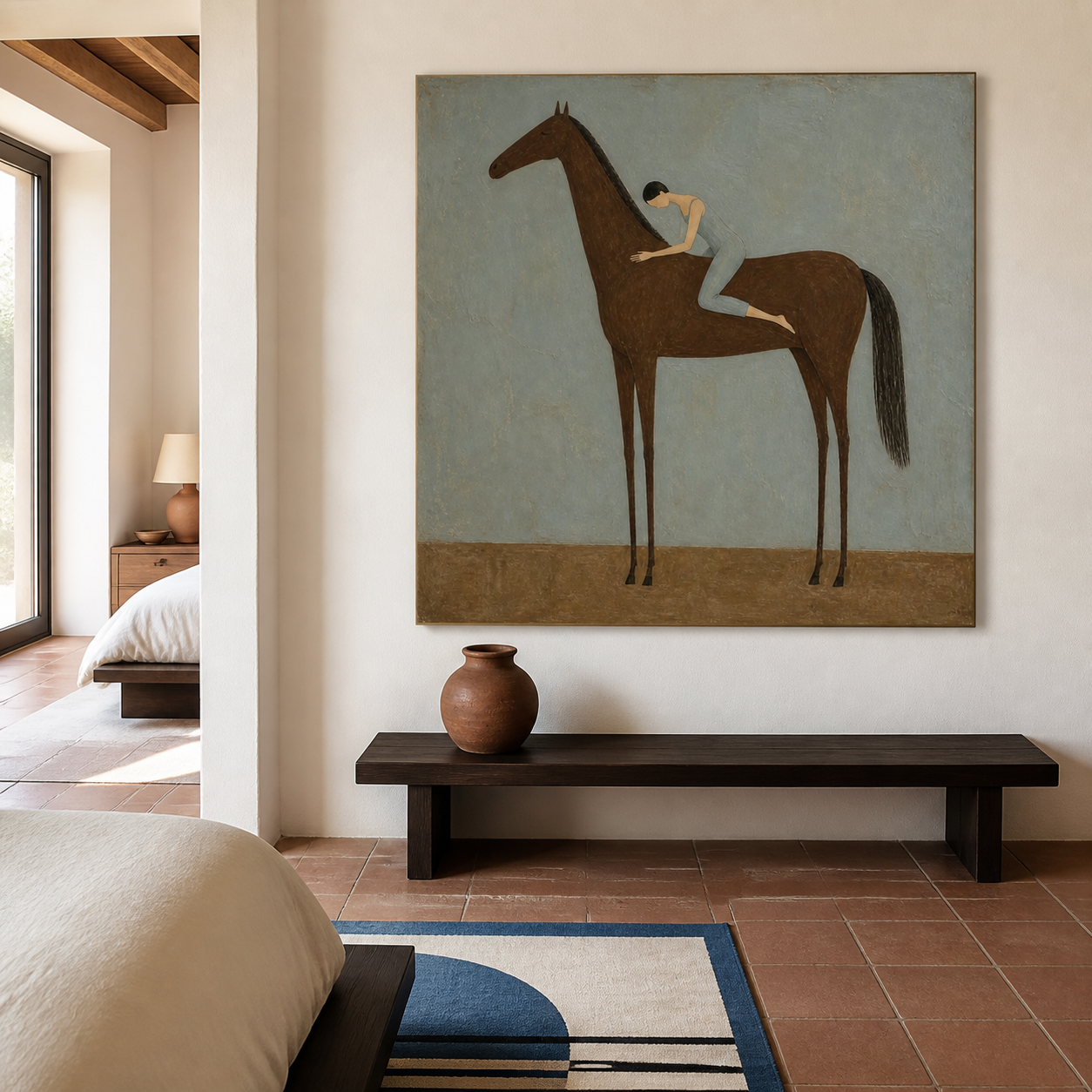 Equestrian wall art featuring woman and brown horse