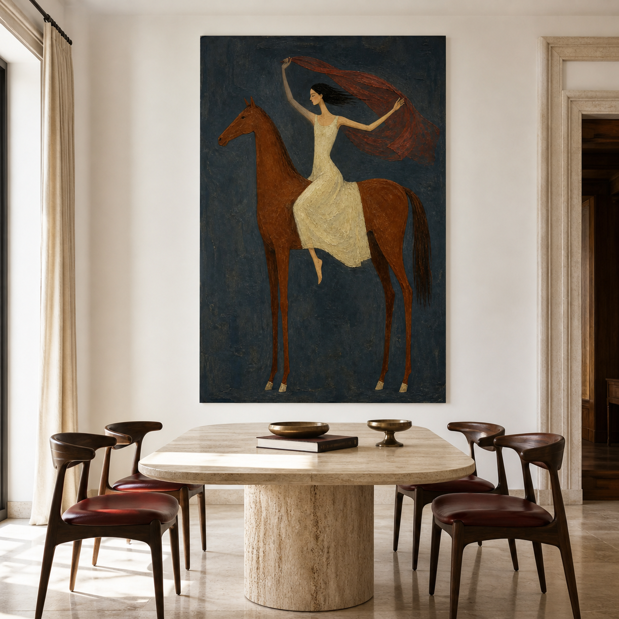 Equestrian wall art with woman and flowing rust red scarf