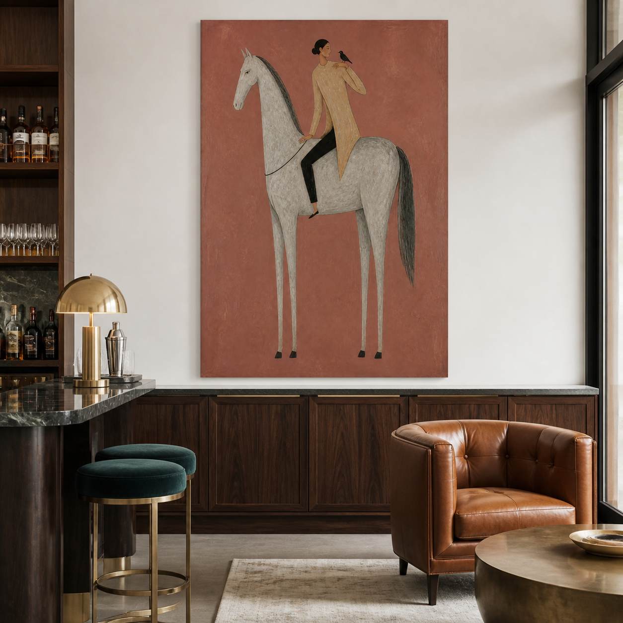 Woman on white horse oil painting with black bird