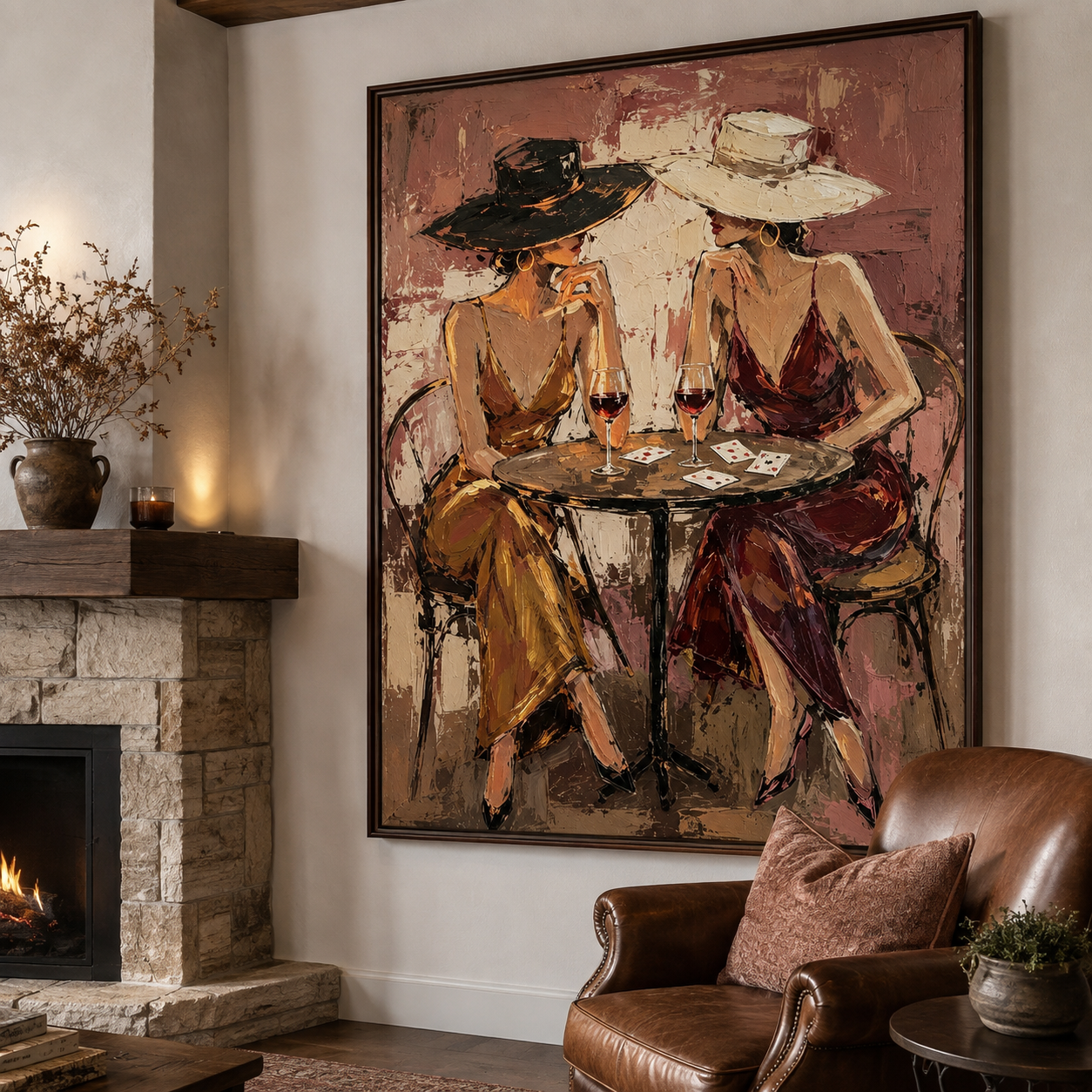 Women in wide brim hats drinking wine wall painting