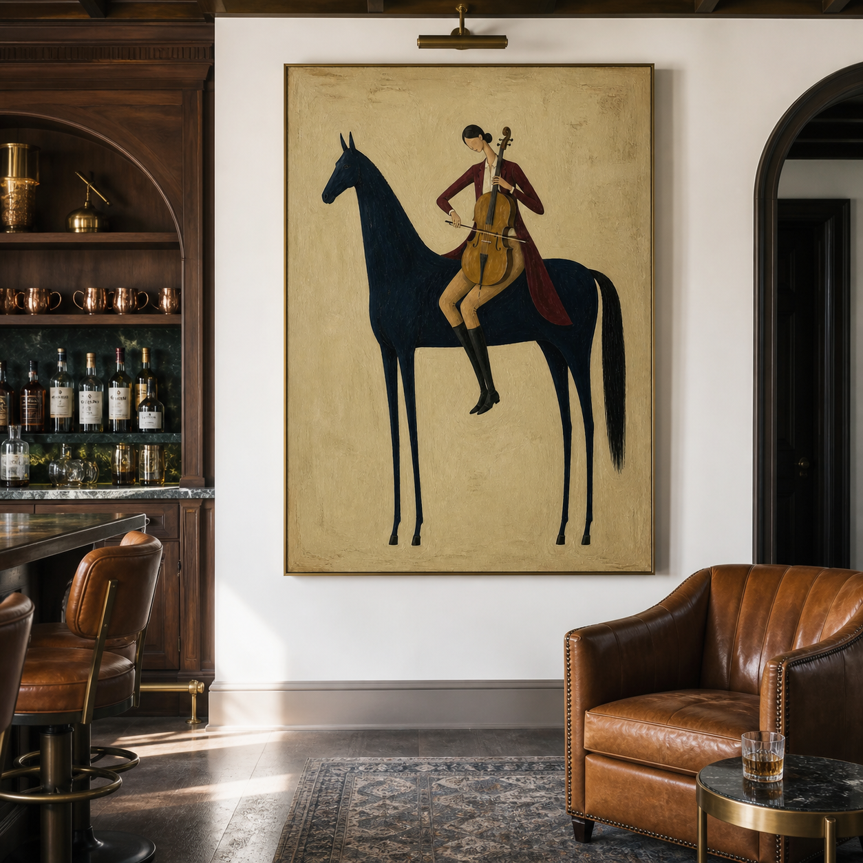 Female cellist sitting on dark horse oil painting