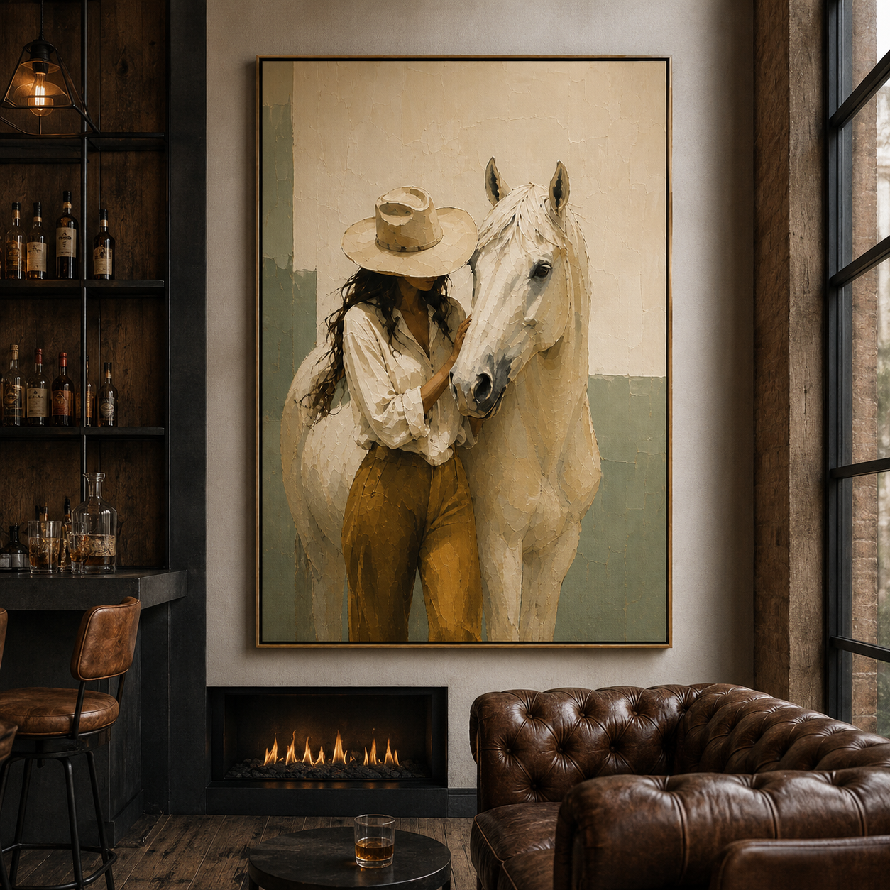White horse and cowgirl painting for equestrian home decor