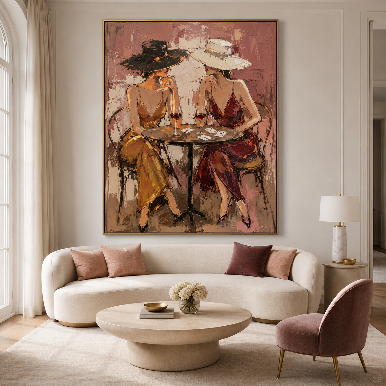 Wine lover wall art with two women playing cards
