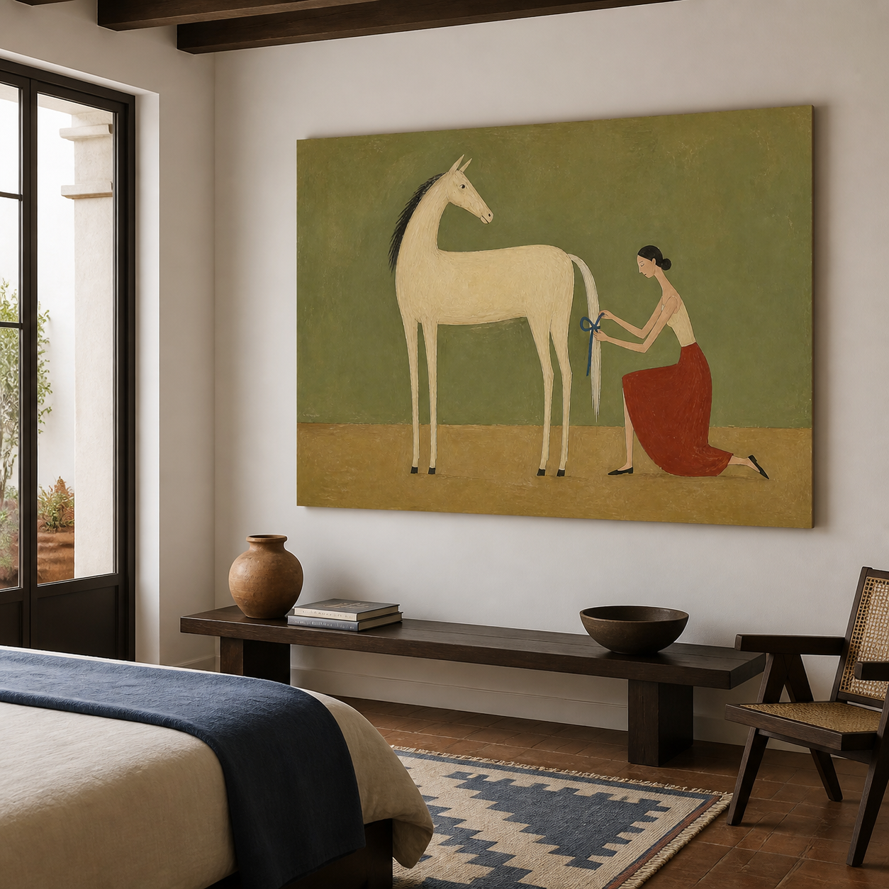 Woman and horse wall art in olive green and earthy red tones