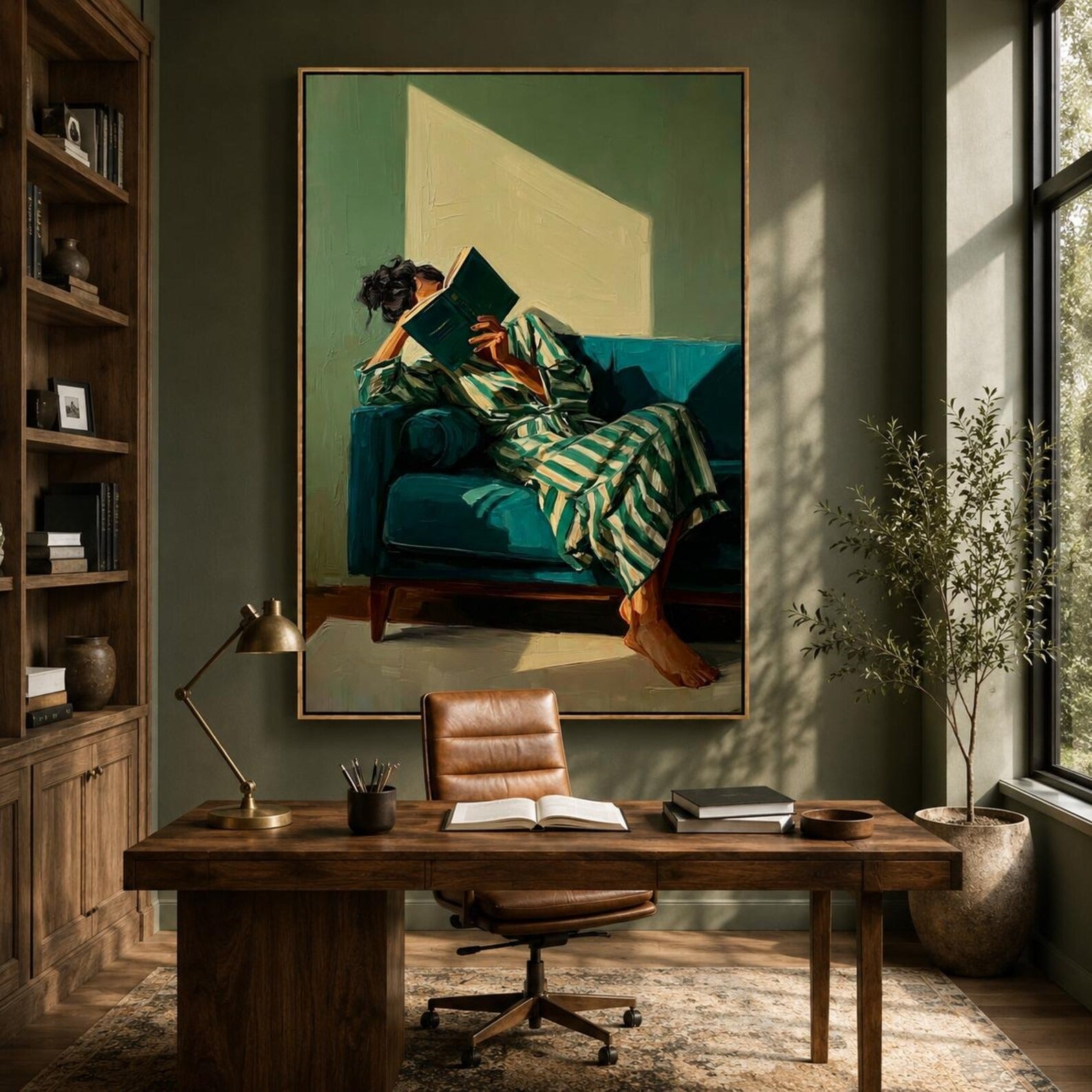 Hand-Painted Vintage Reading Oil Painting