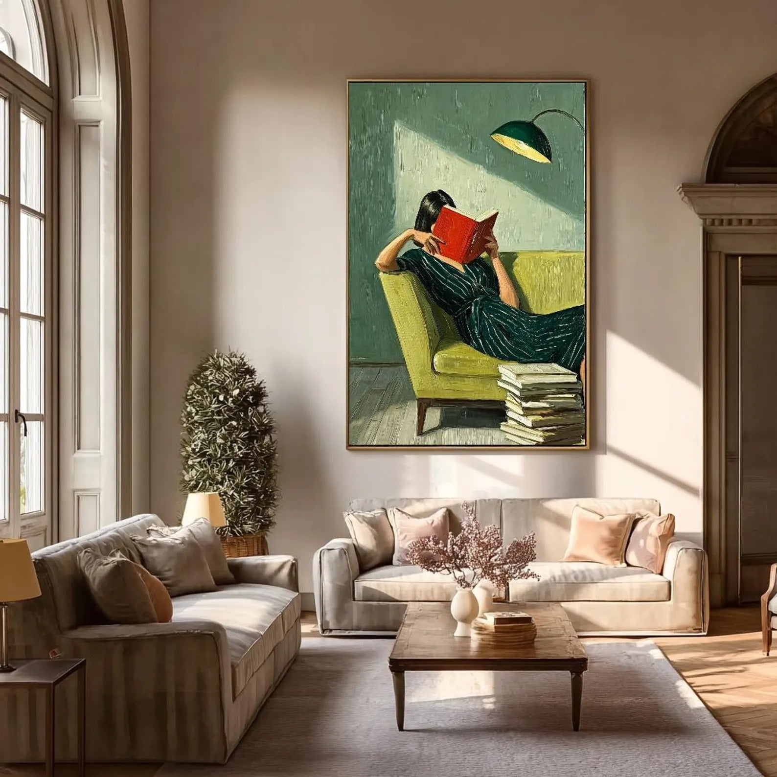 Hand-Painted Vintage Reading Woman Oil Painting