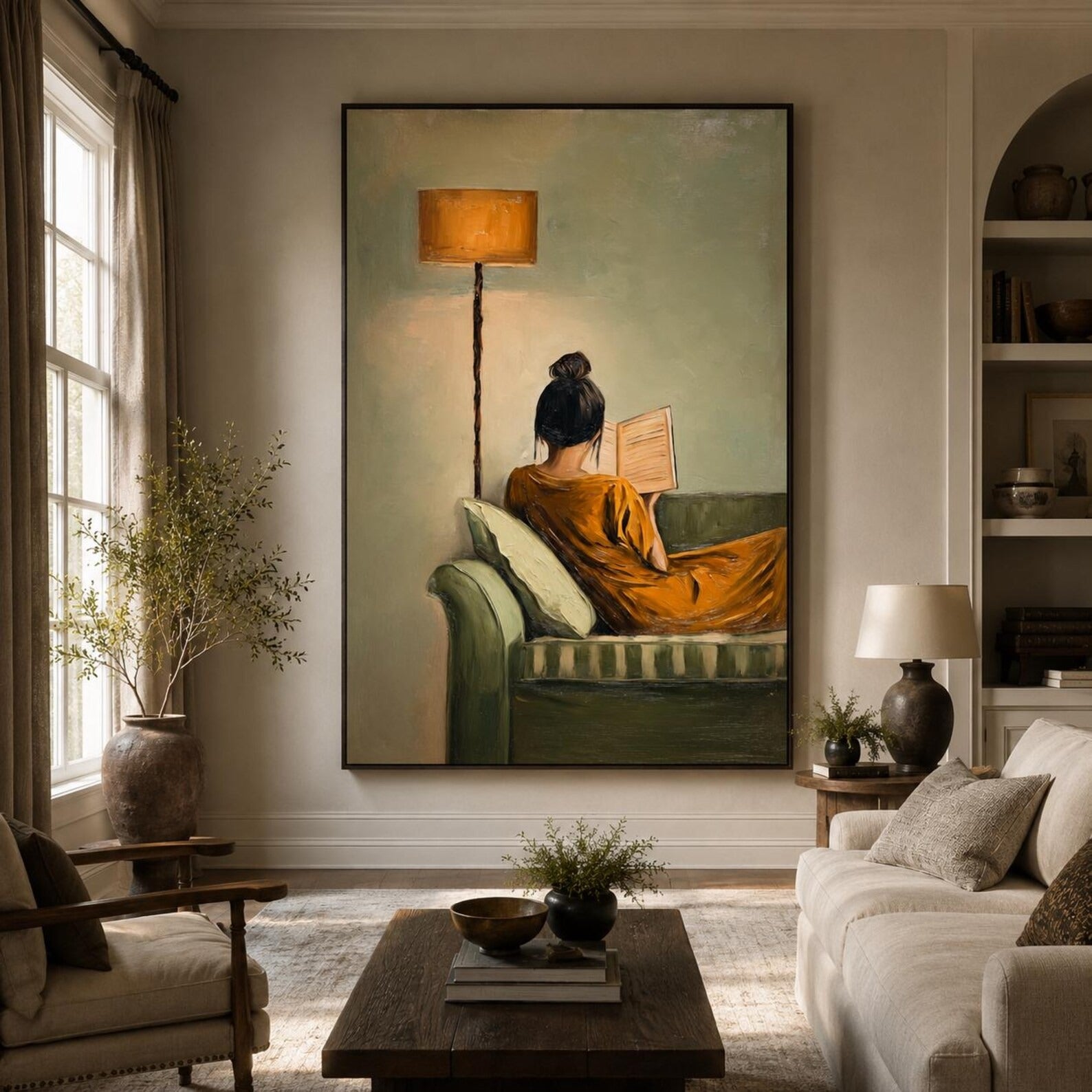 Hand-Painted Vintage Reading Woman Oil Painting