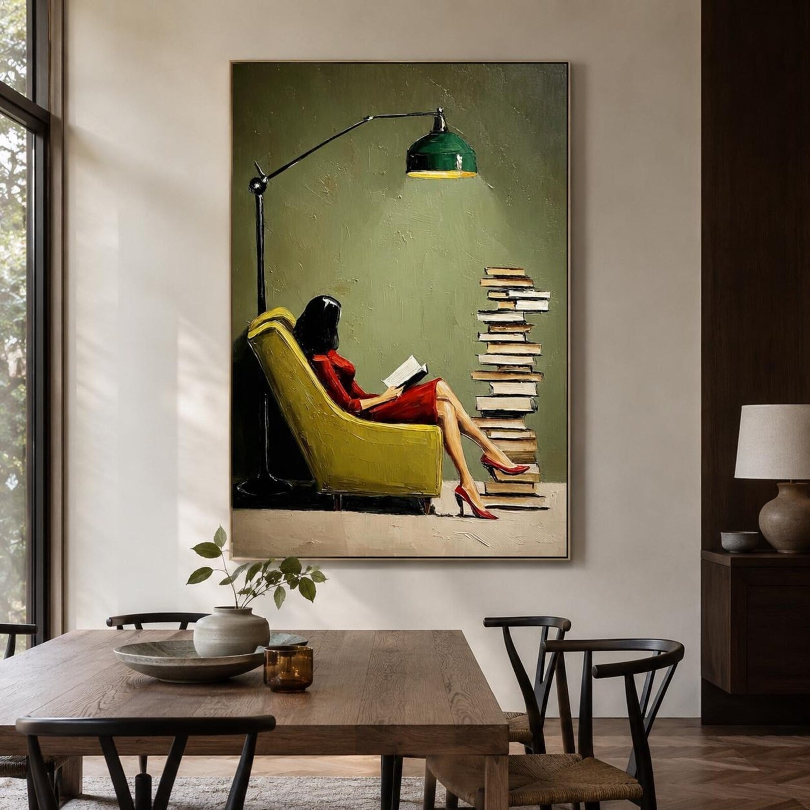 Hand-Painted Vintage Reading Woman Oil Painting