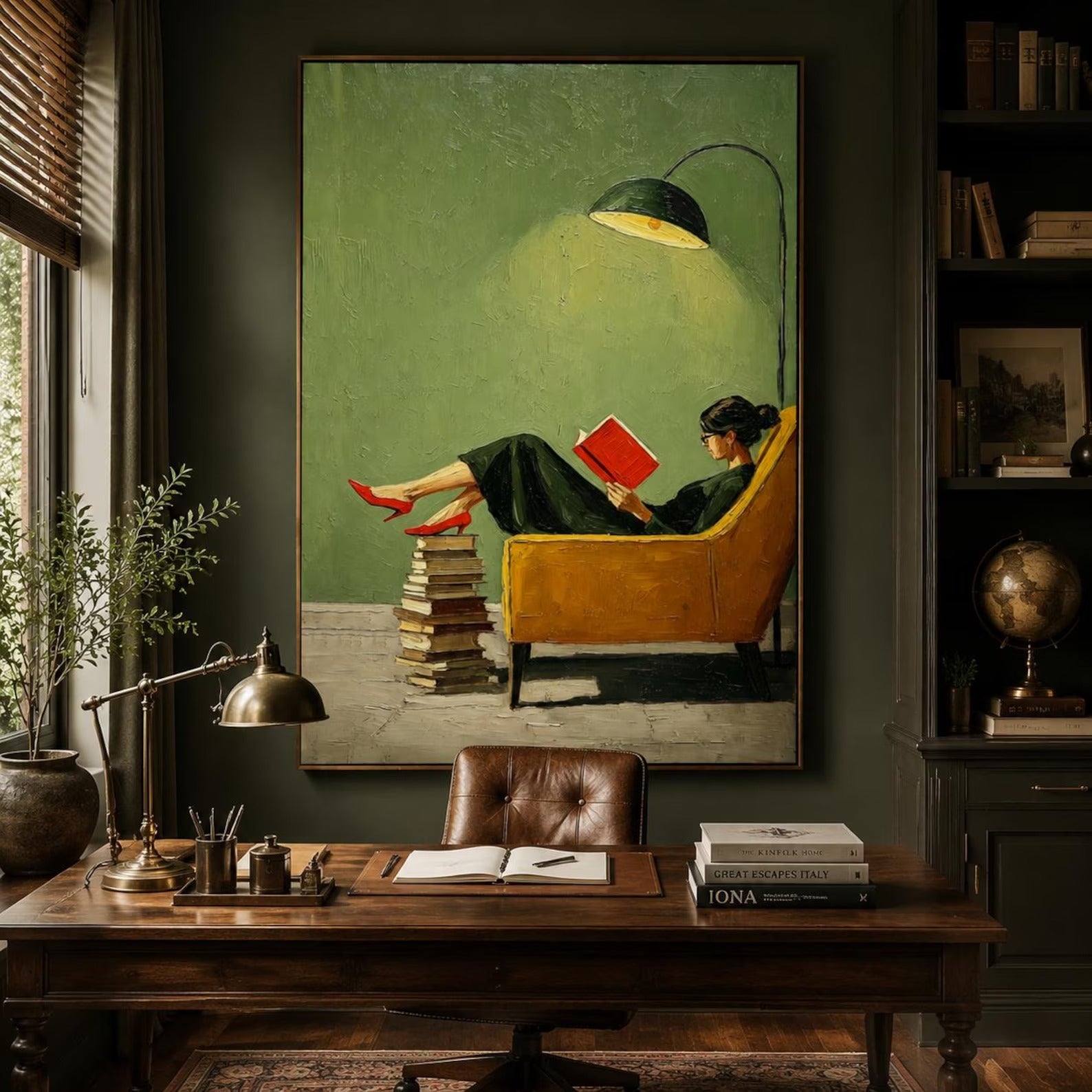 Hand-Painted Vintage Reading Woman Oil Painting