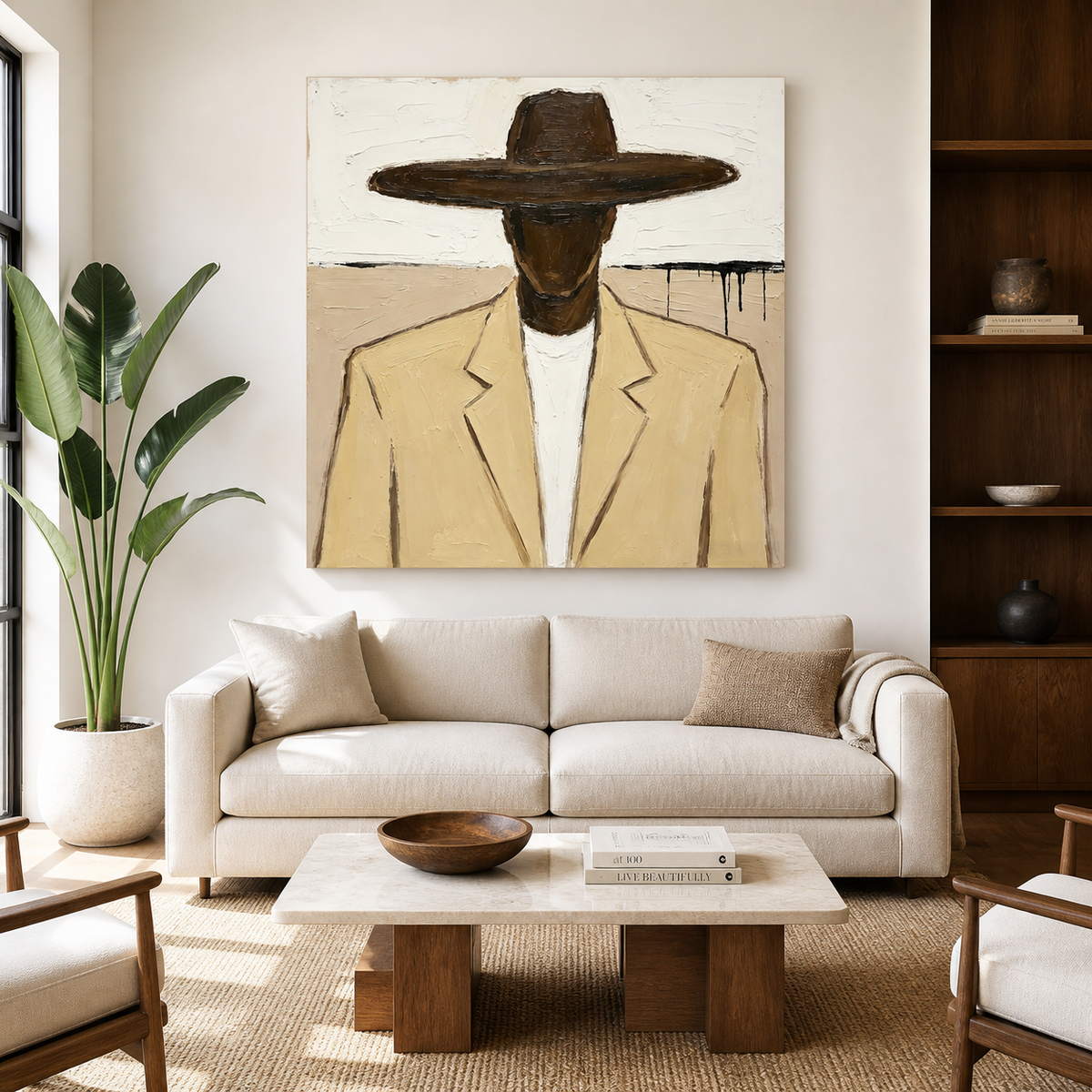 Hand-painted Western artwork with cowboy in brown hat