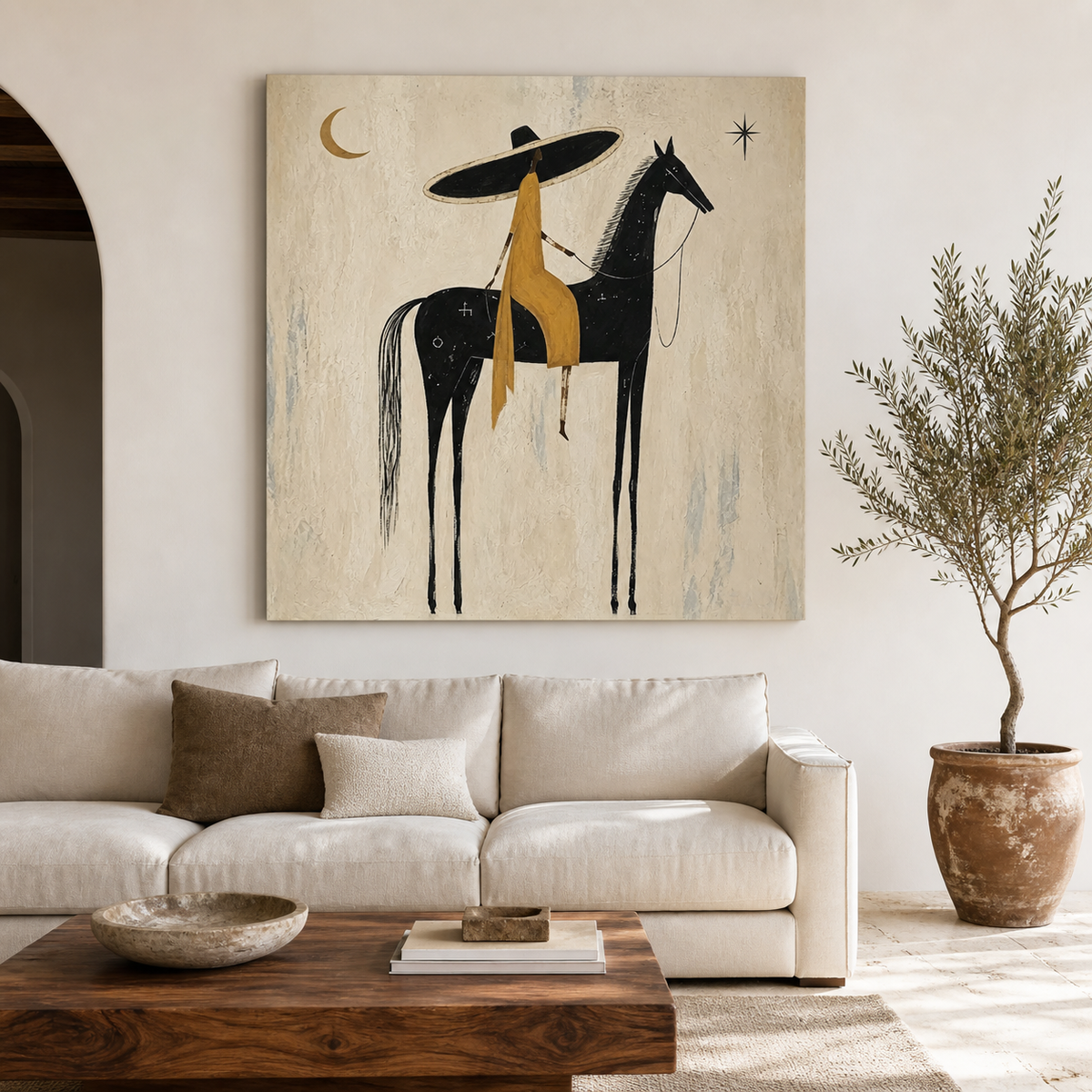 Hand-painted Western wall art with golden rider on black horse