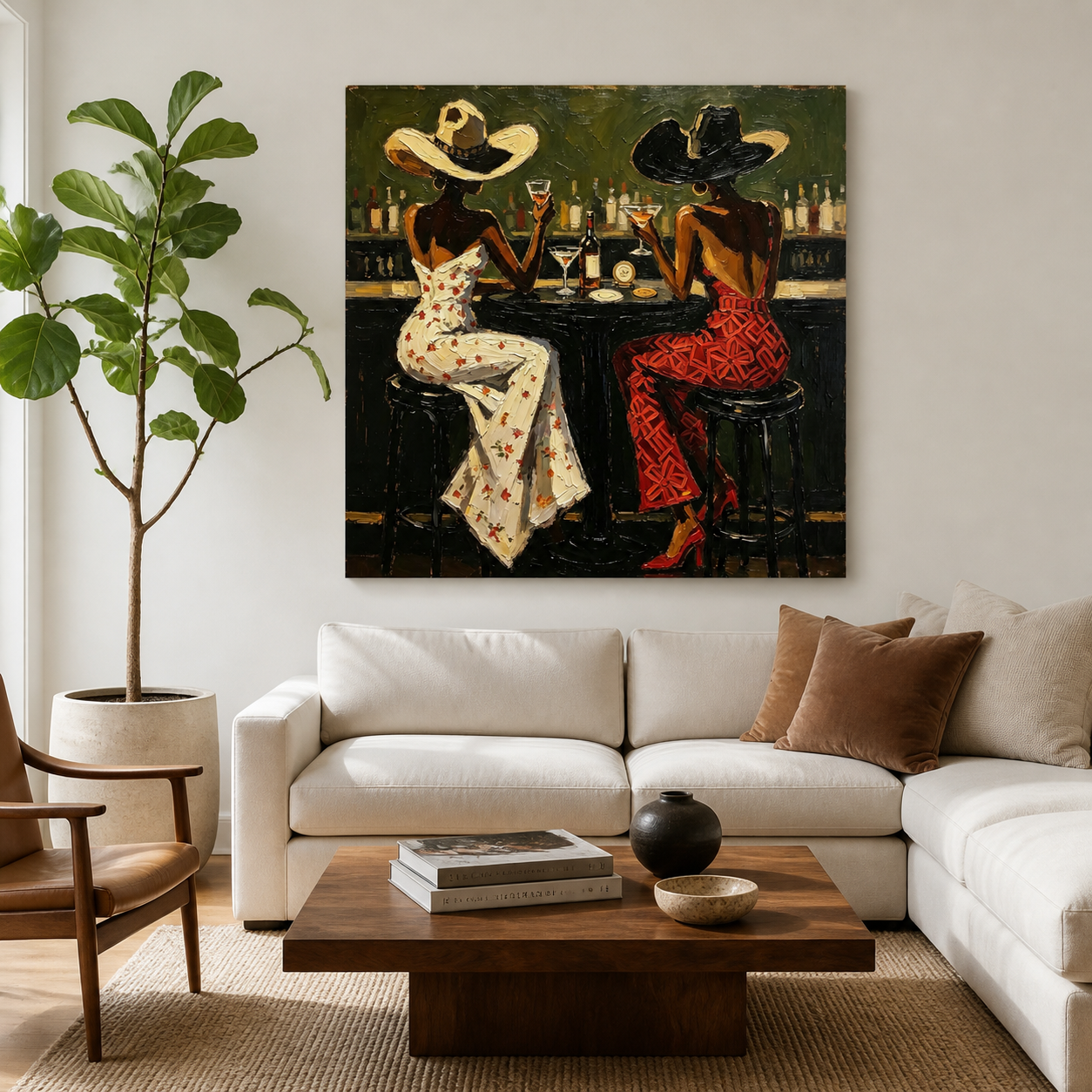 Hand-painted Western wall art with two cowgirls at a bar