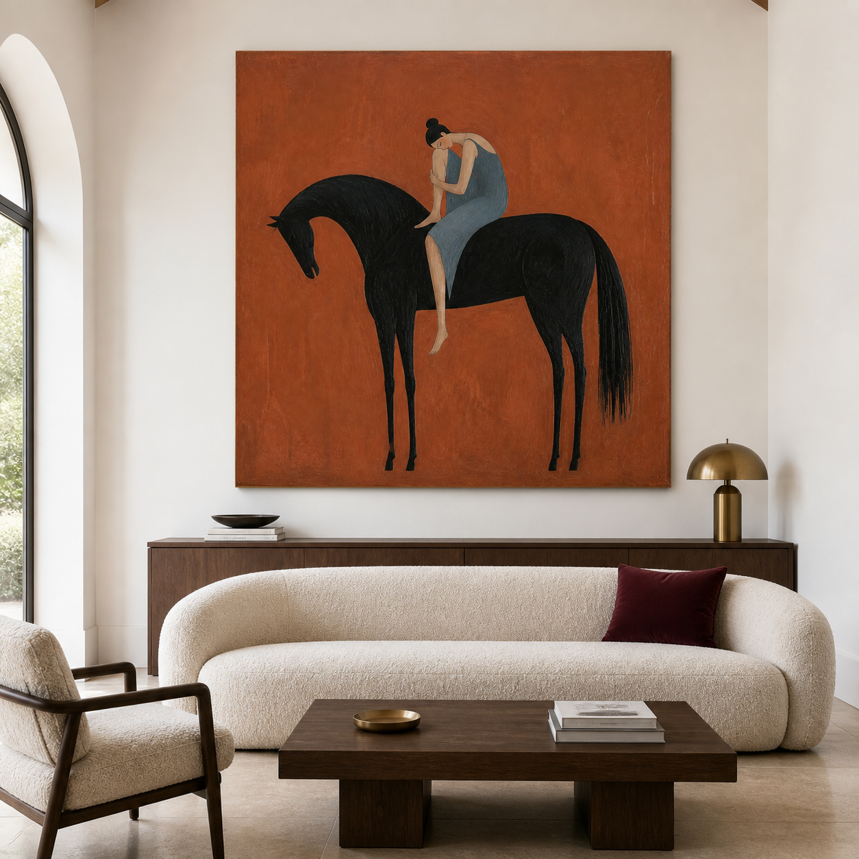 Hand-painted black horse wall art with woman in blue dress