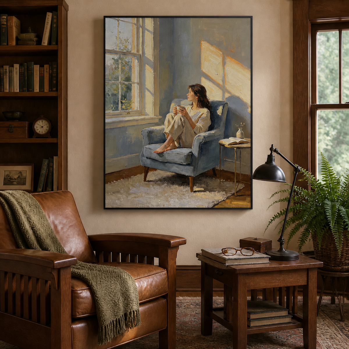 Hand-painted coffee art with woman sitting by sunlit window