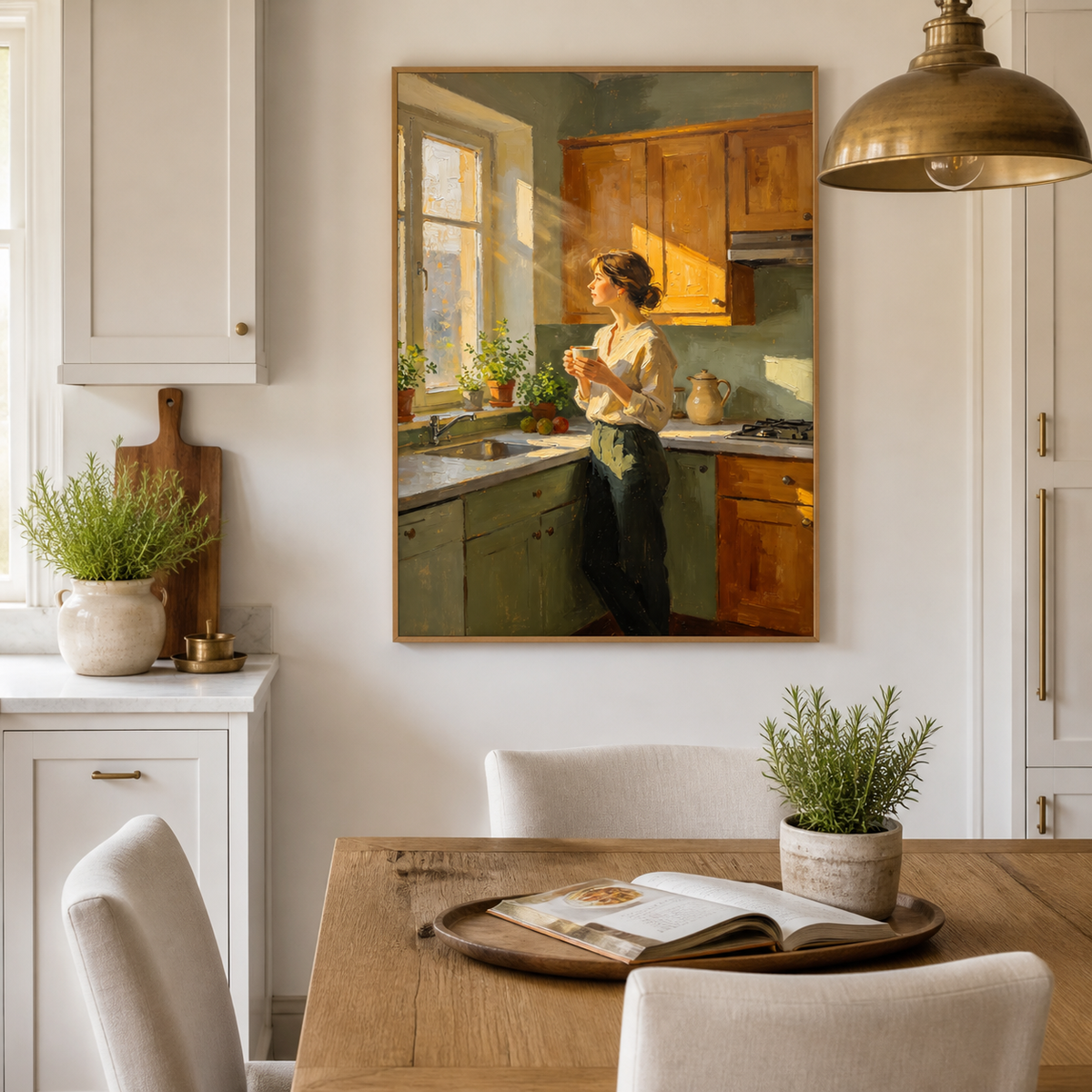 Hand-painted coffee wall art with woman in sunlit kitchen
