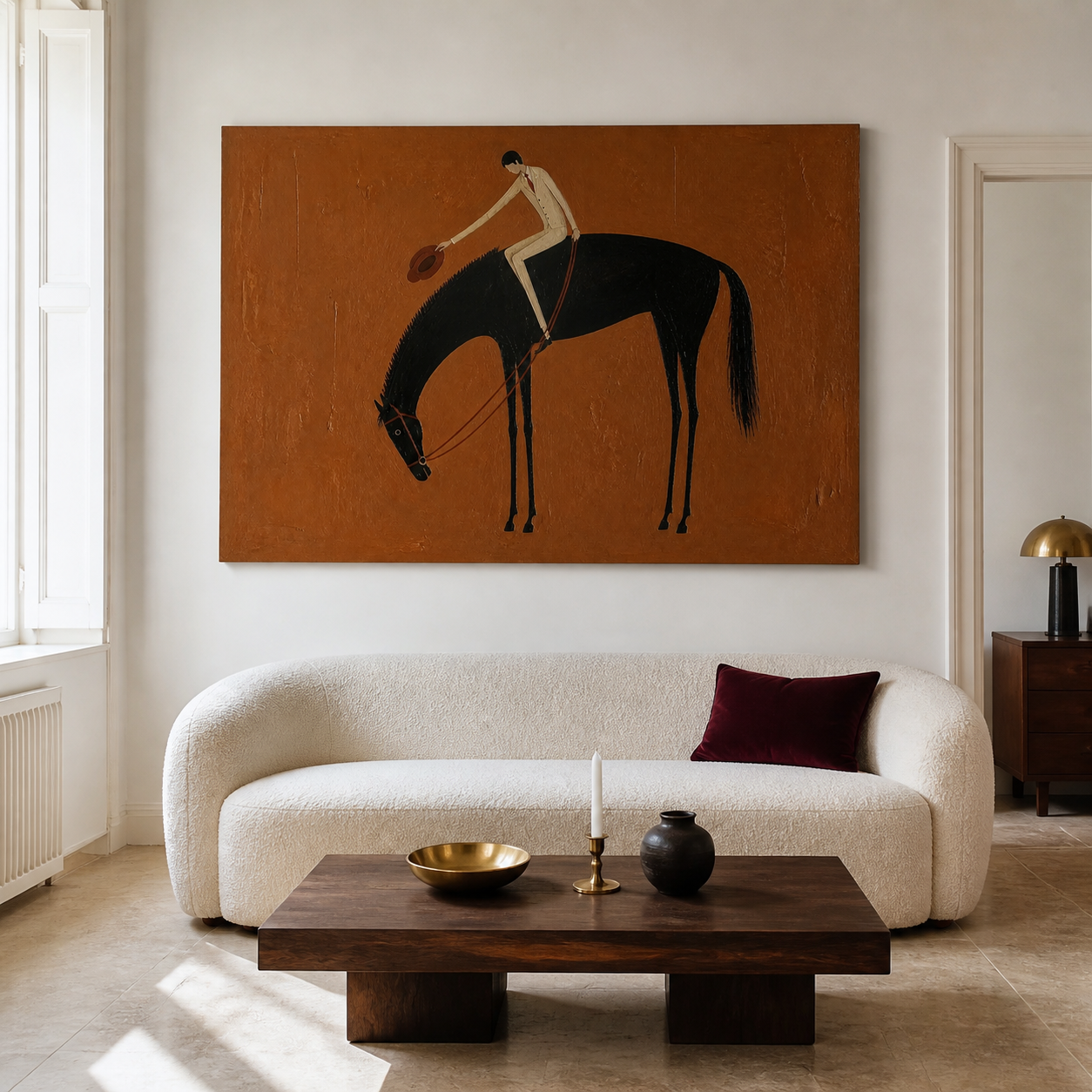 Hand-painted cowboy wall art with rider on black horse