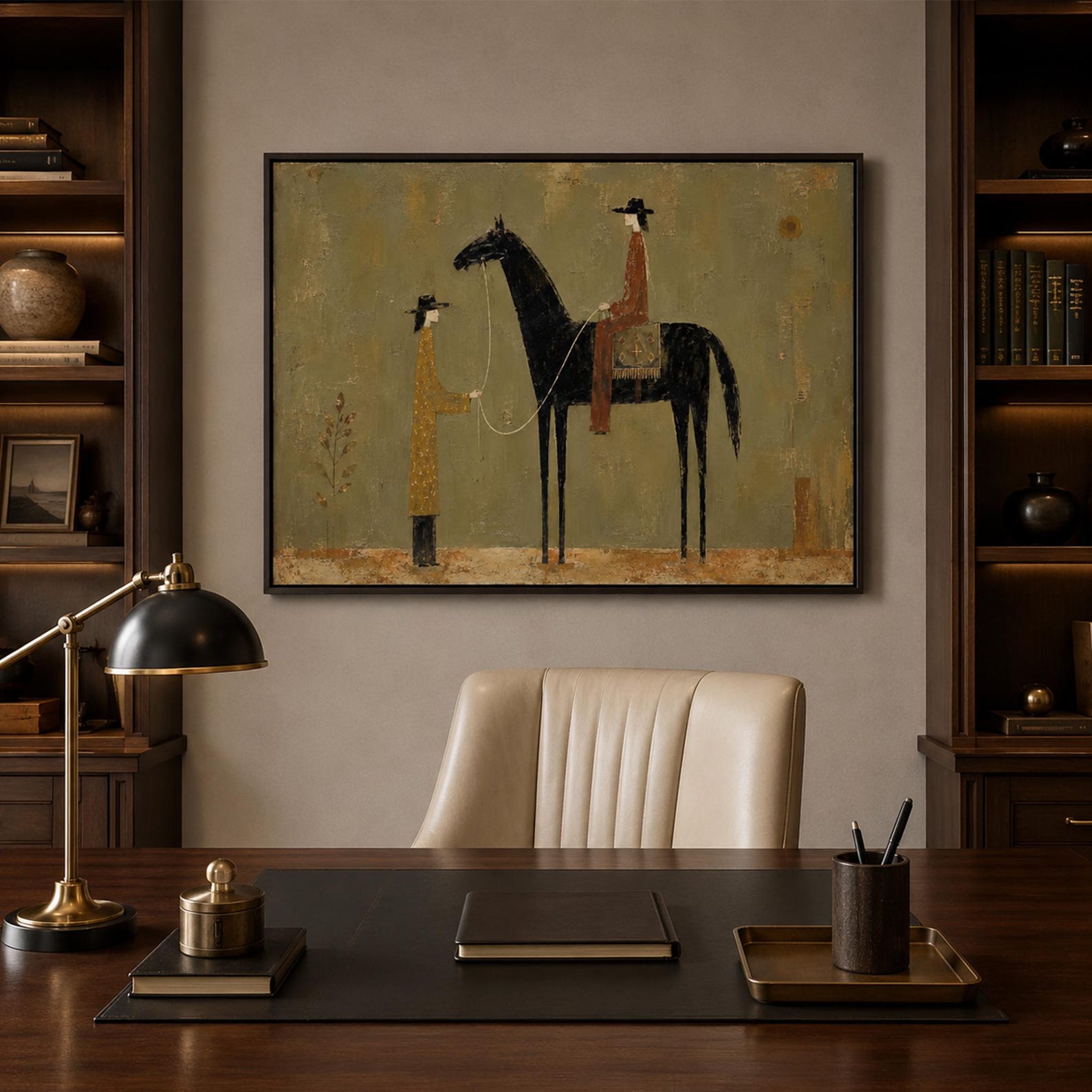 Hand-painted equestrian wall art with black horse