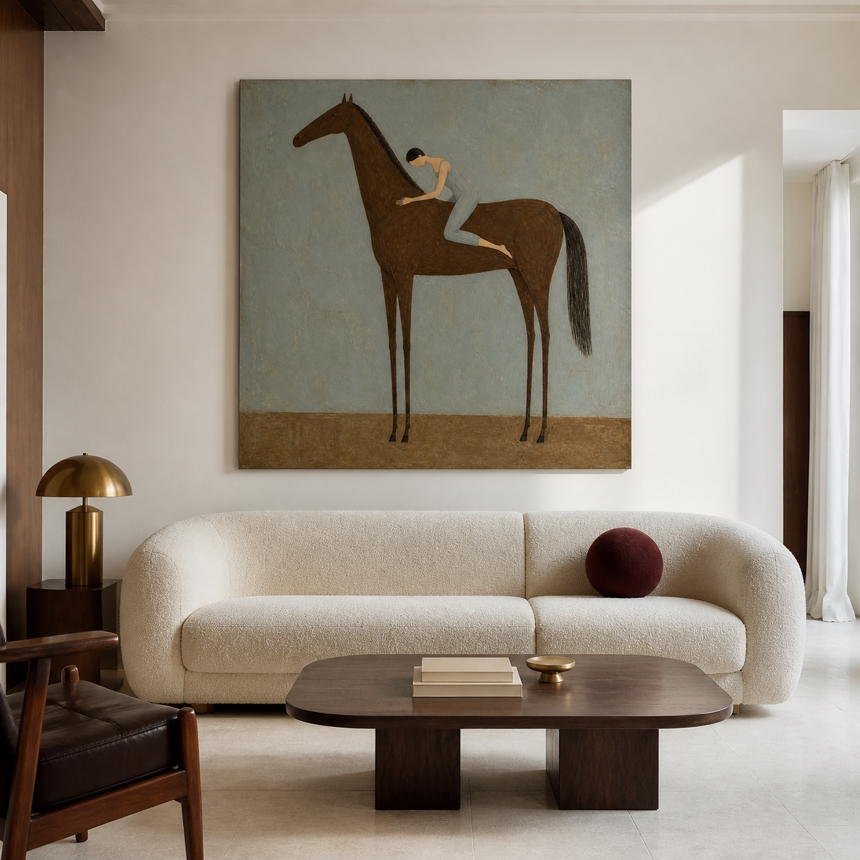 Hand-painted horse painting with woman on brown horse