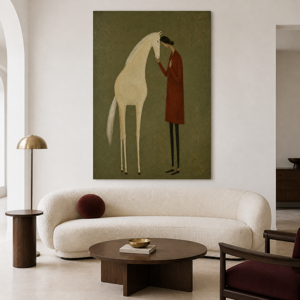 Hand-painted horse wall art with woman and white horse