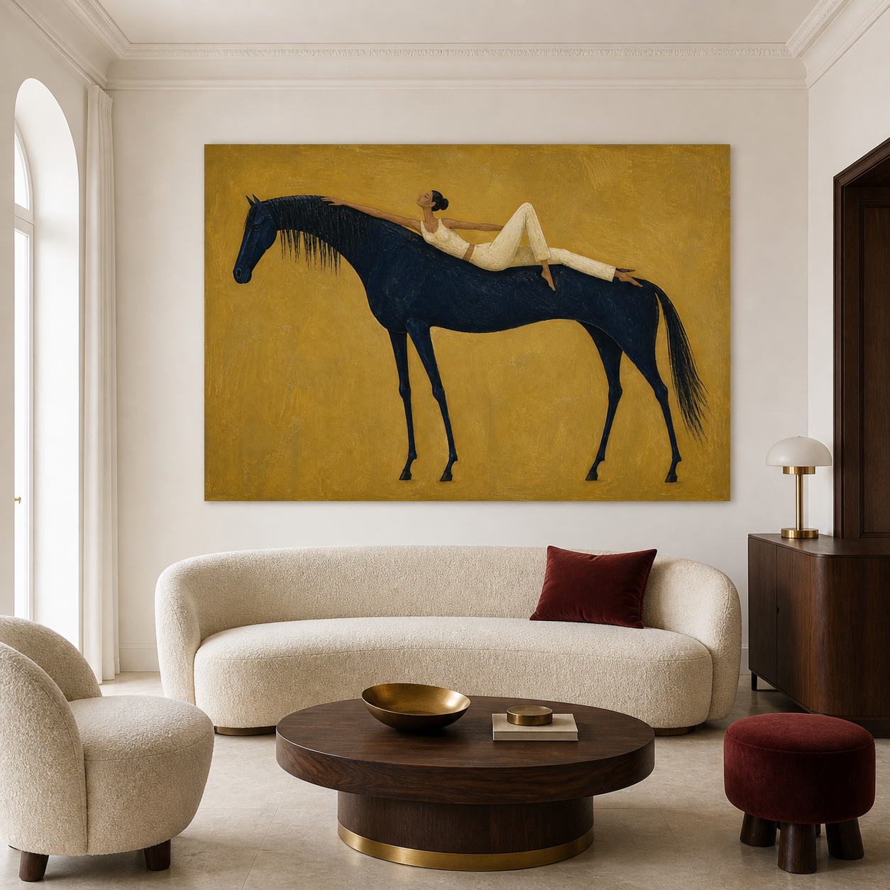 Hand-painted horse wall art with woman resting on black horse