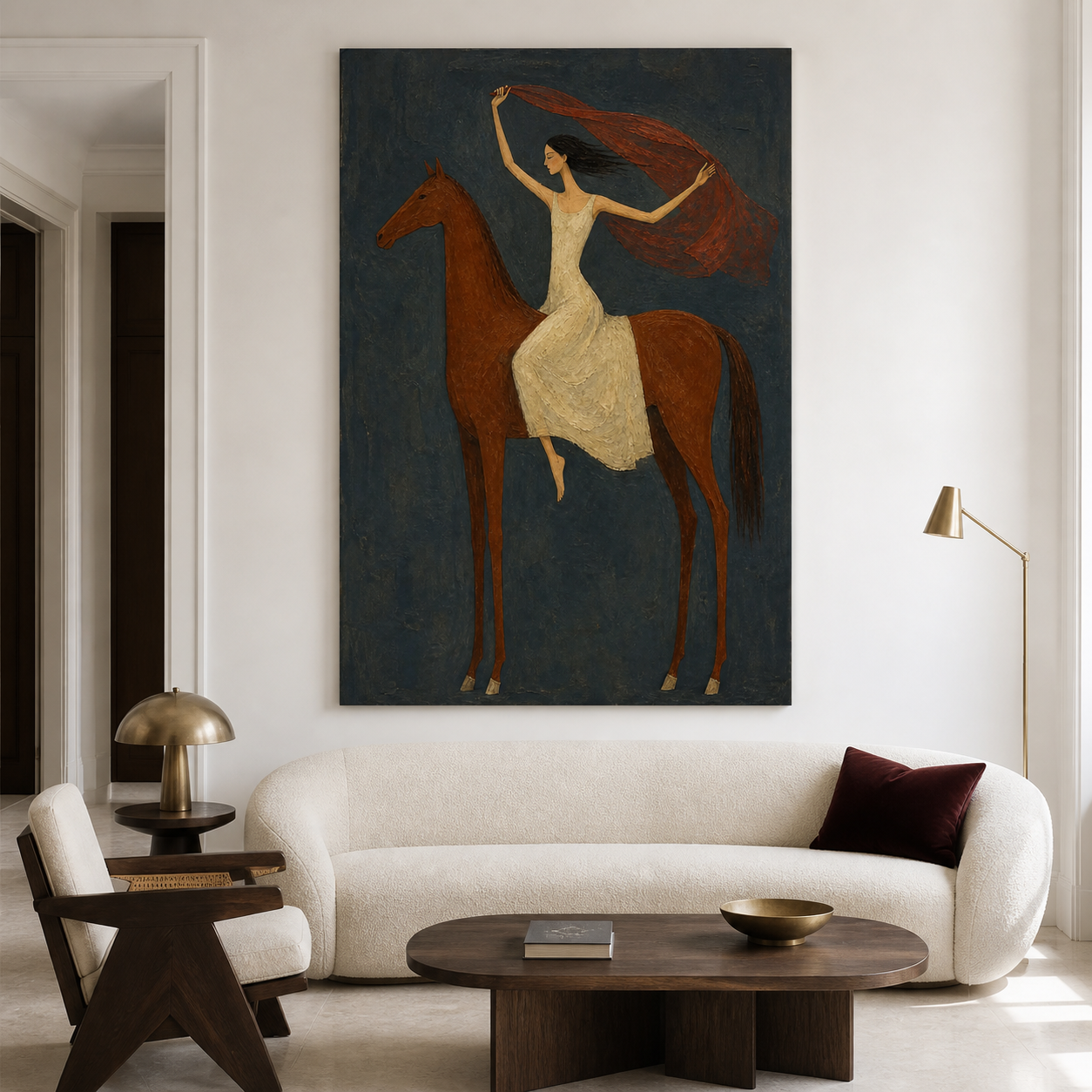 Hand-painted horse wall art with woman riding brown horse