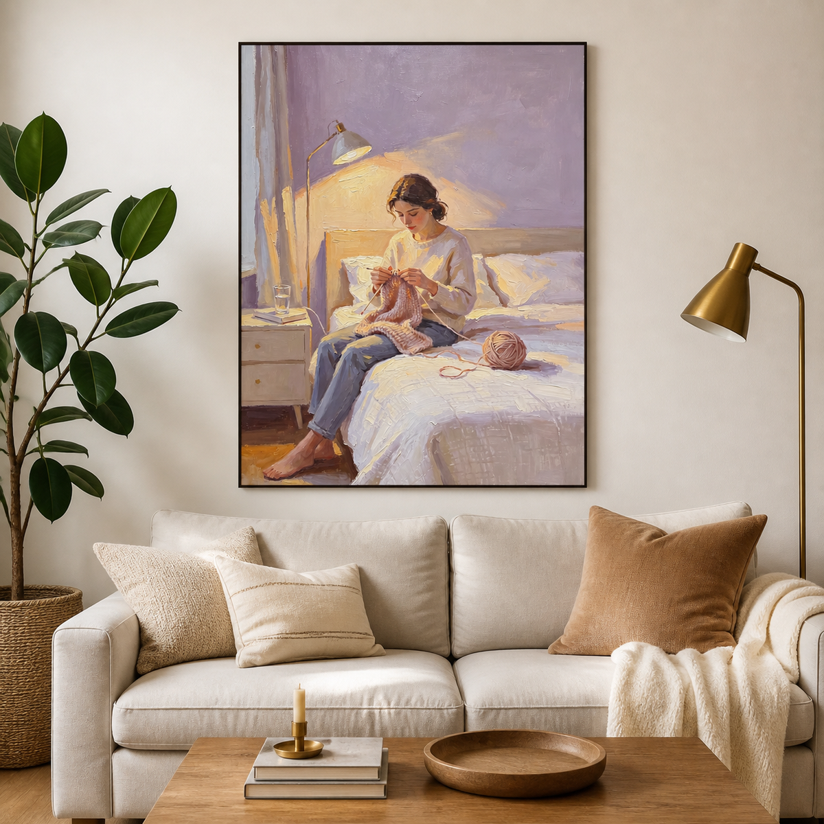 Hand-painted knitting wall art with woman knitting on bed