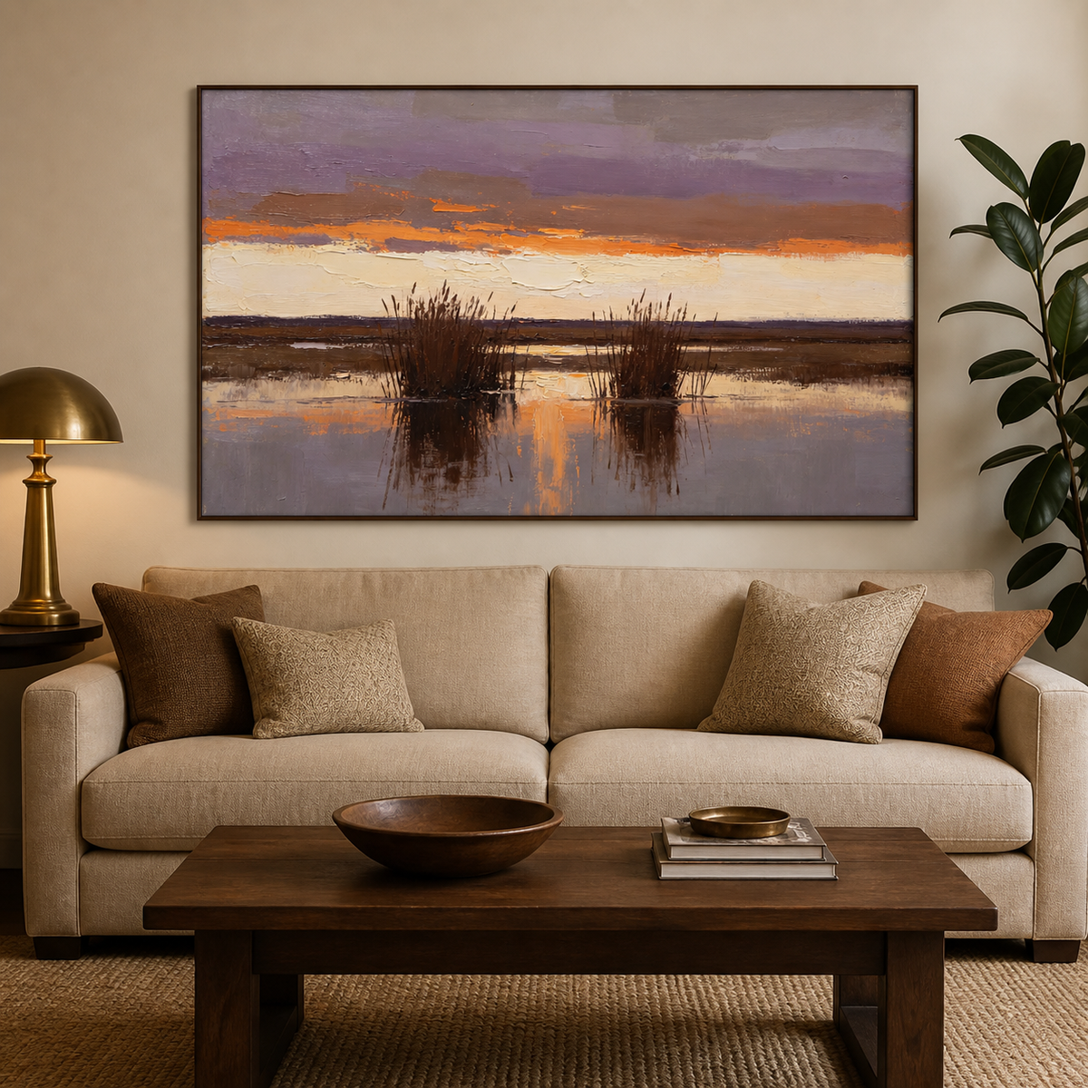Hand-painted sunset landscape art with marsh reeds and water reflections