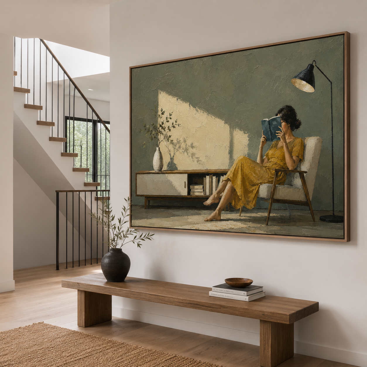 Hand-painted woman reading oil painting on canvas