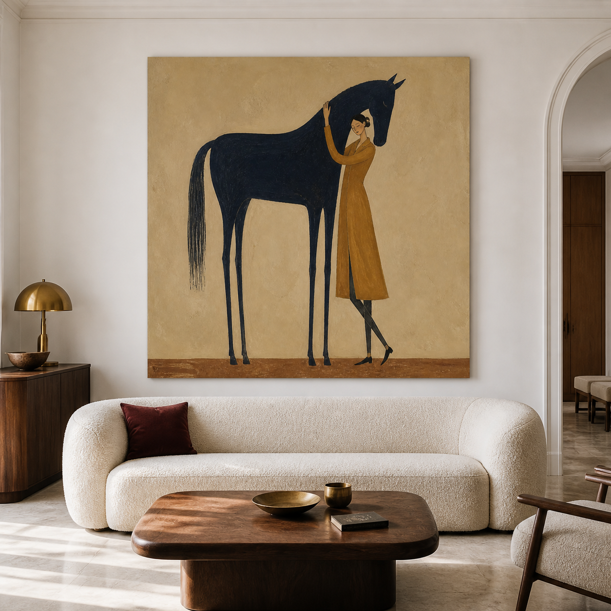 Hand-painted horse wall art featuring woman with black horse