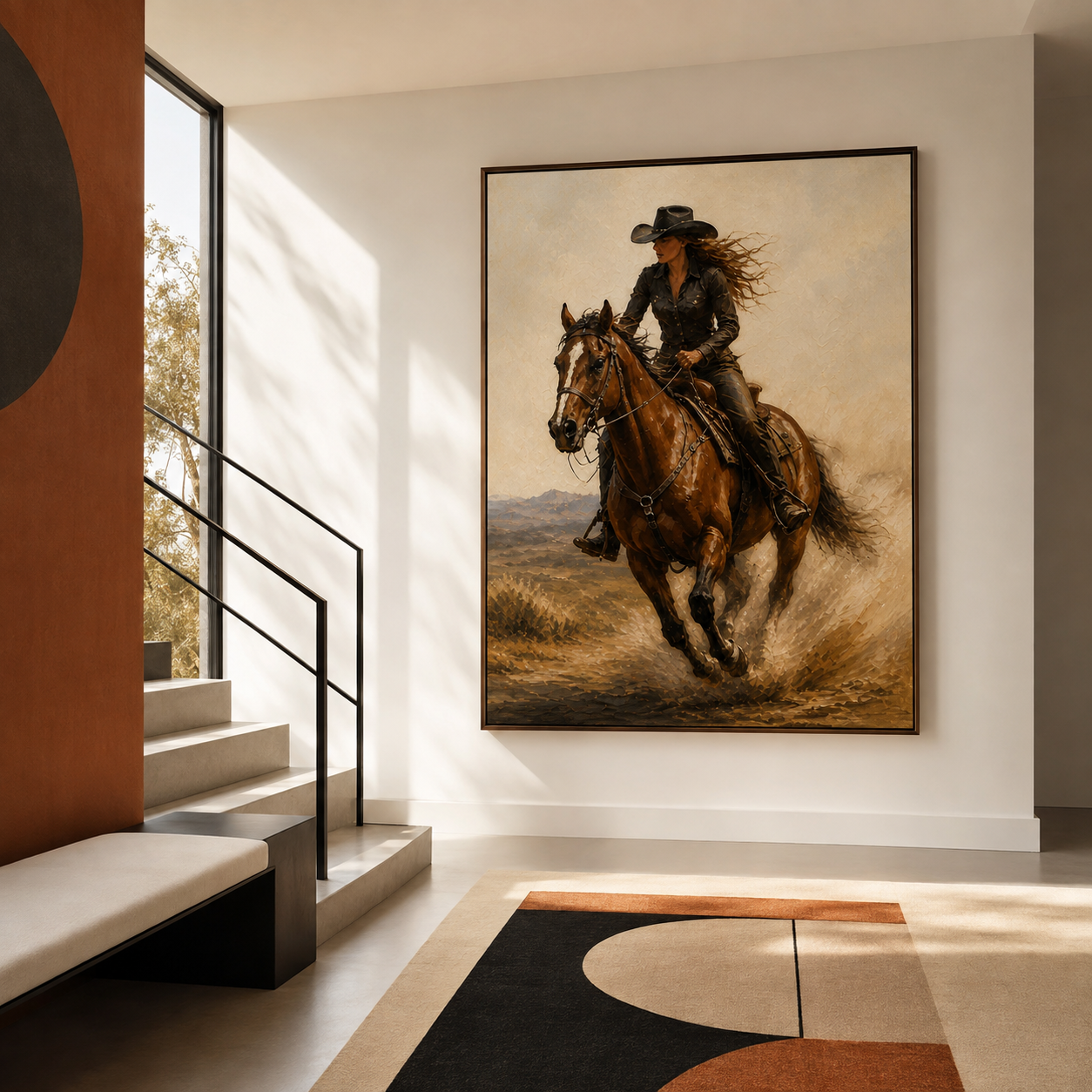 Cowgirl riding horse painting displayed in a rustic modern living room