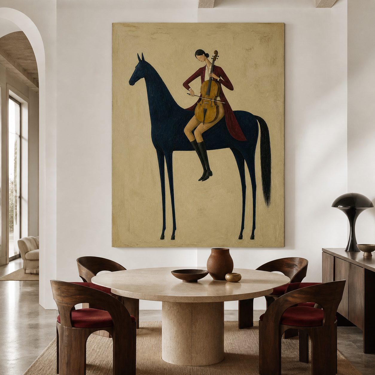 Horse and cello wall art in burgundy and navy tones