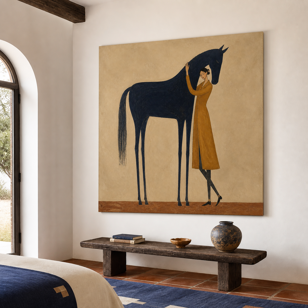 Hand-painted equestrian artwork with woman beside black horse