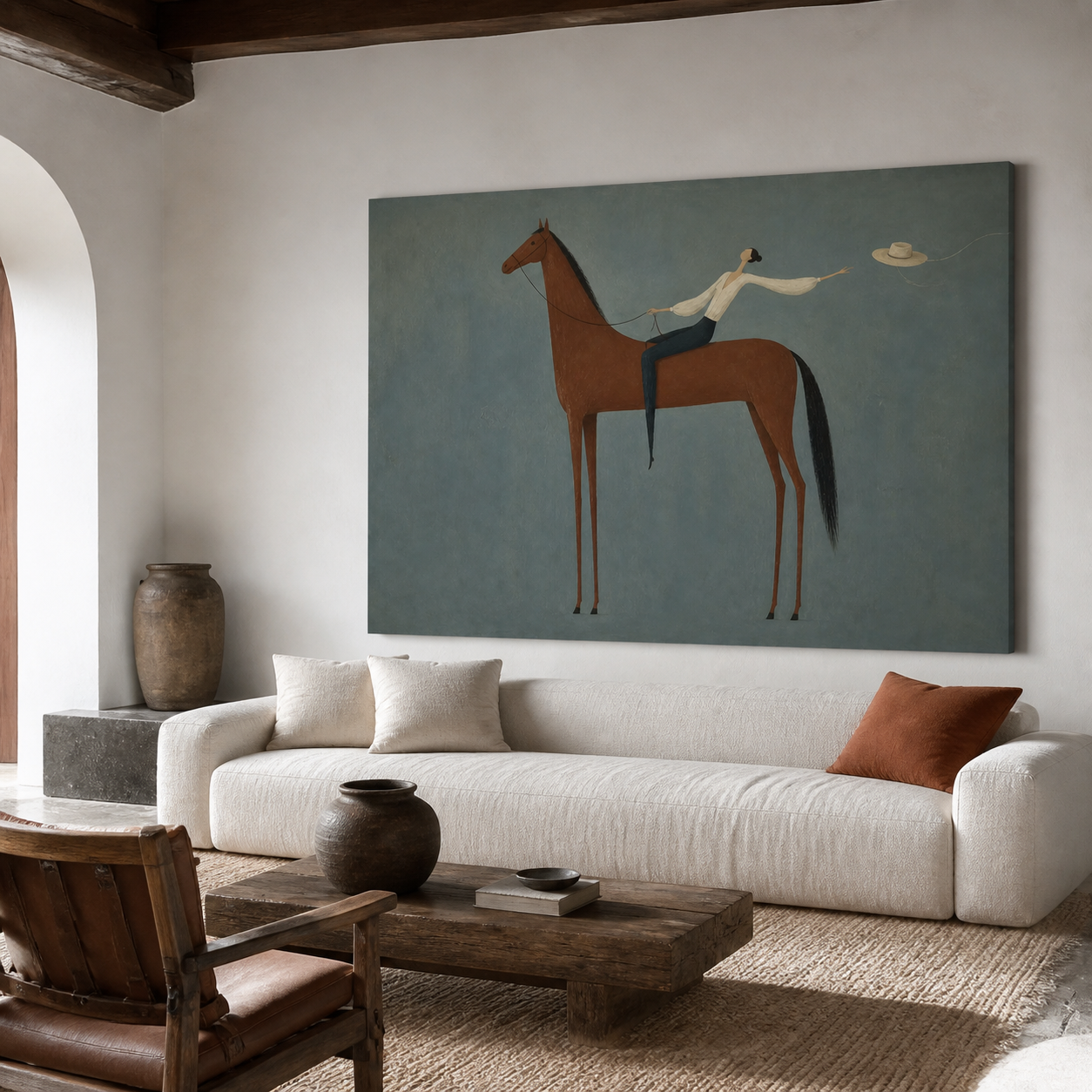 Modern equestrian wall art featuring woman riding brown horse