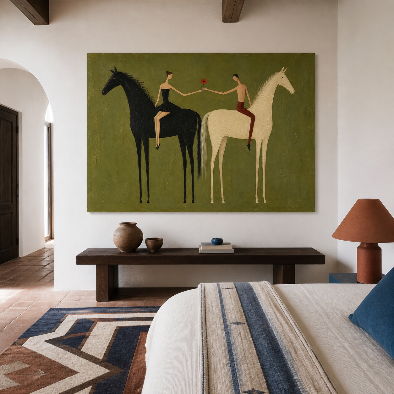 Horseback rider wall art on olive green background