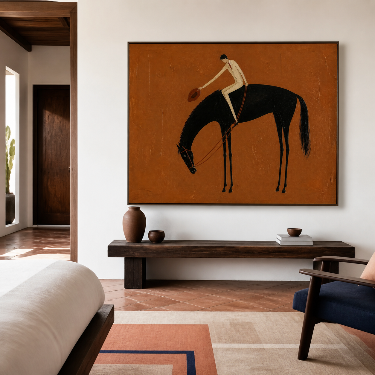 Large Western wall art featuring cowboy and black horse