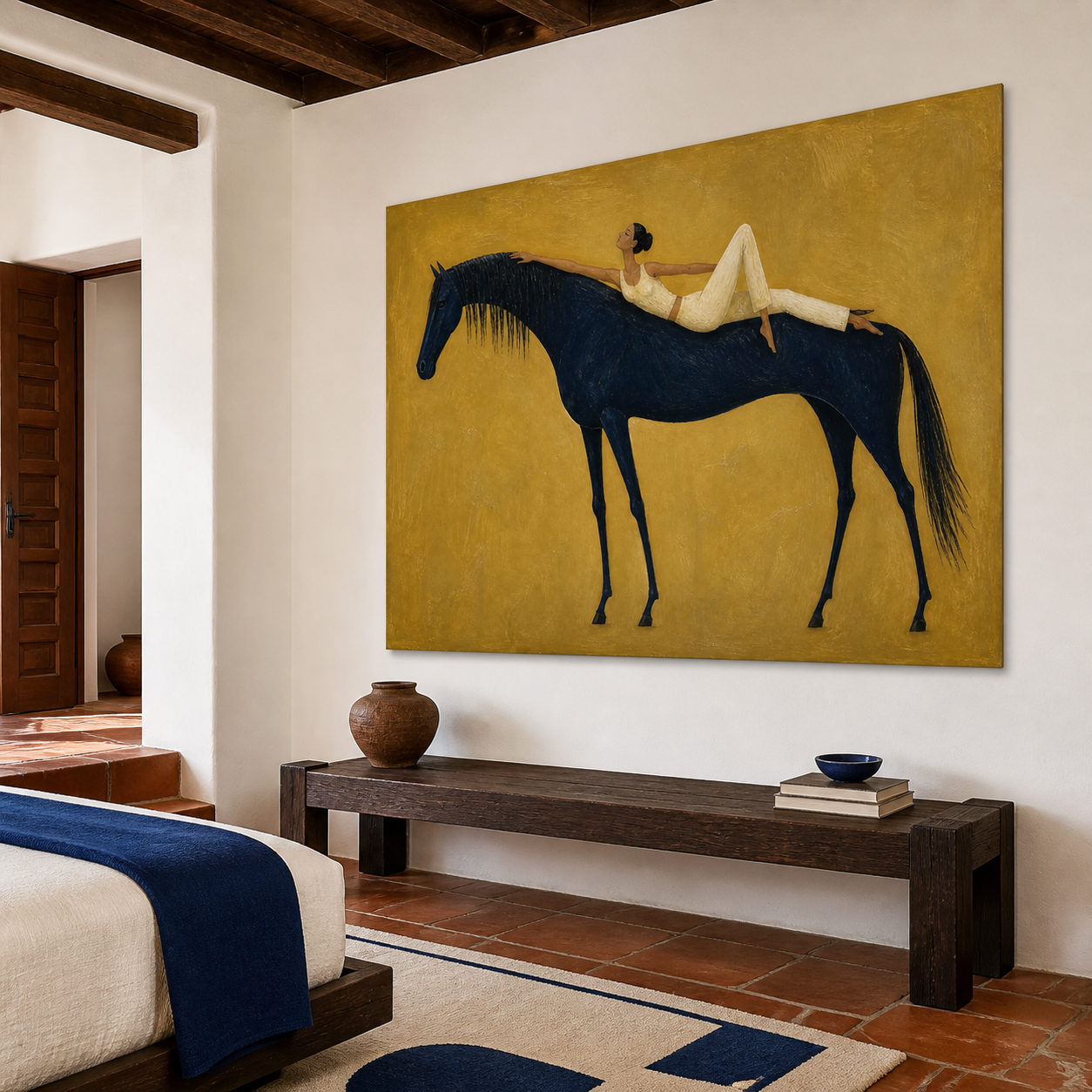Large black horse wall art in mustard gold and ivory tones