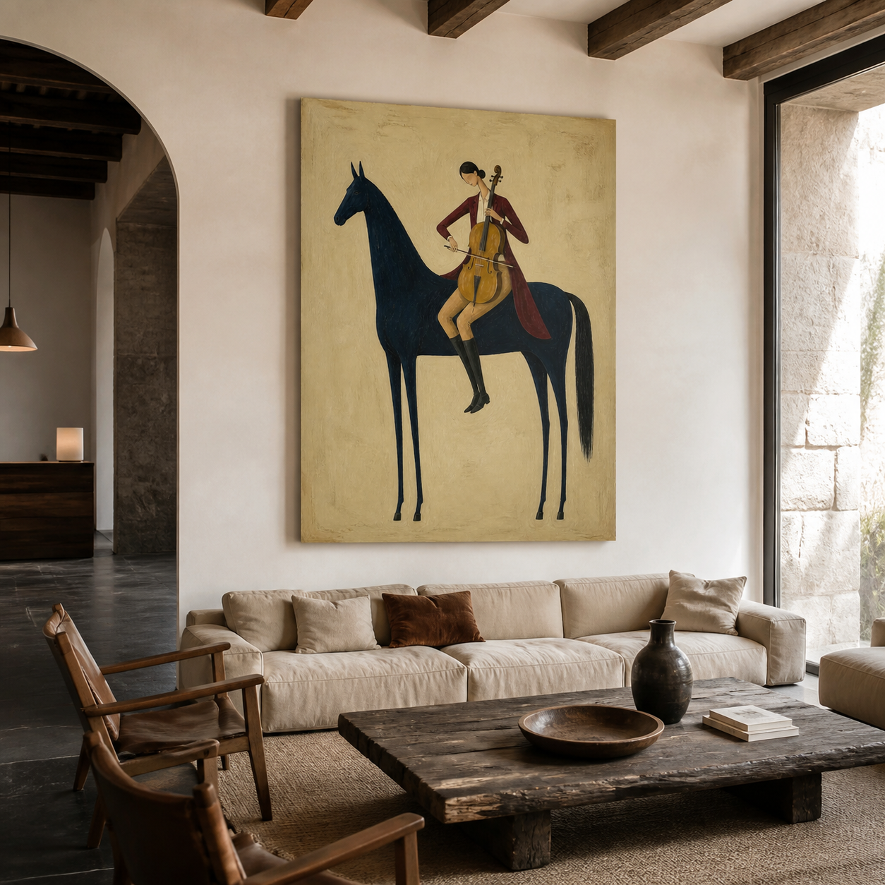 Large equestrian painting featuring a cello player