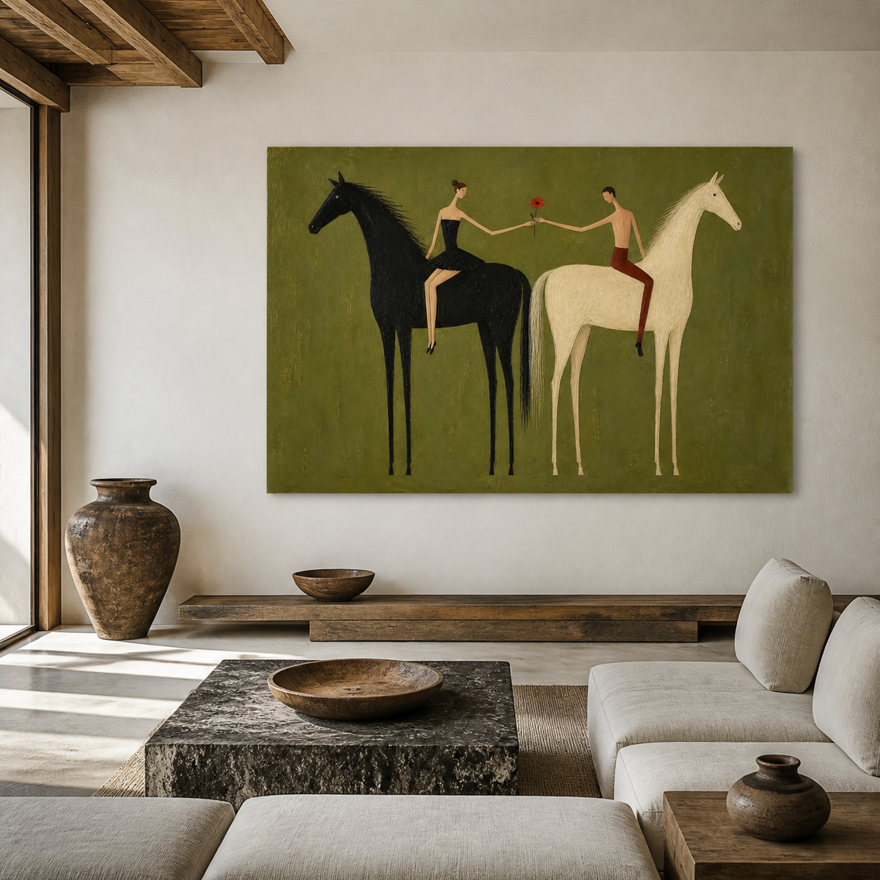 Large equestrian wall art with black and white horses