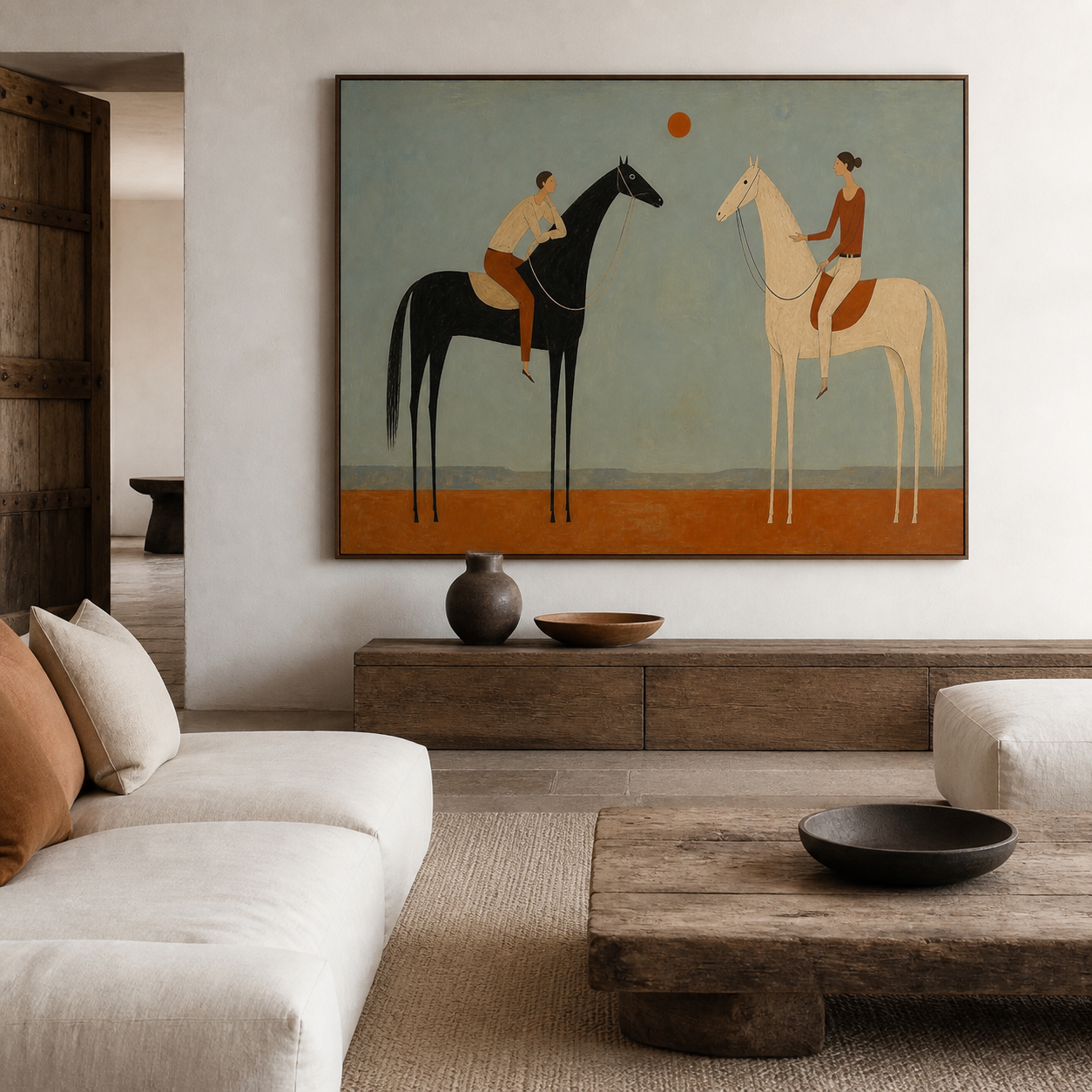 Large horizontal equestrian painting with orange sun