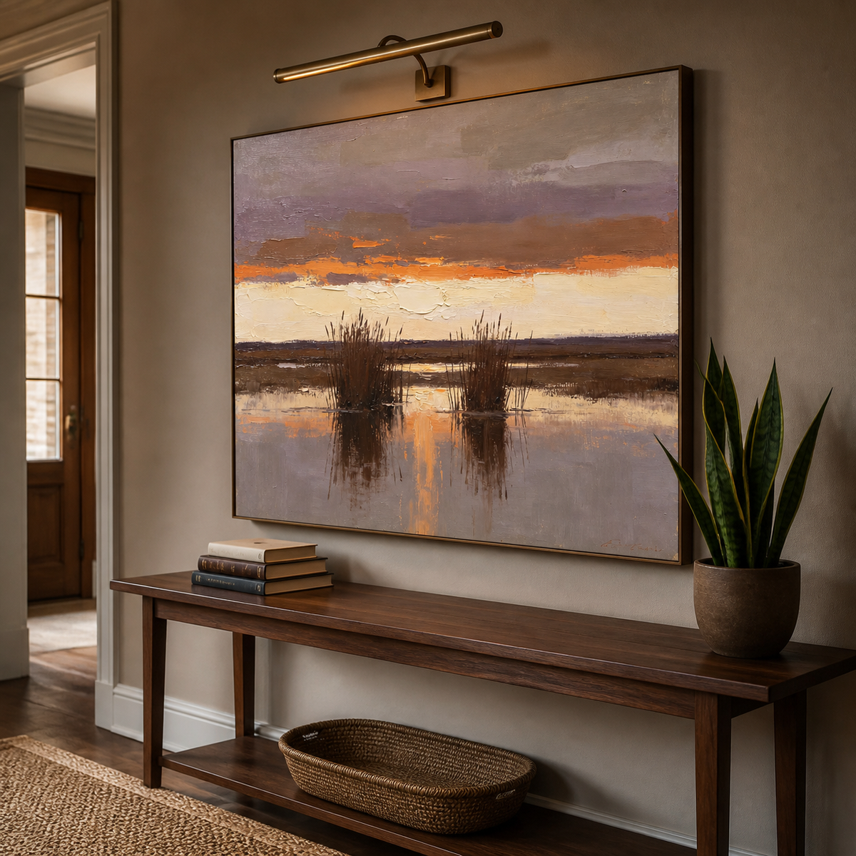 Large horizontal sunset landscape painting in earthy neutral tones