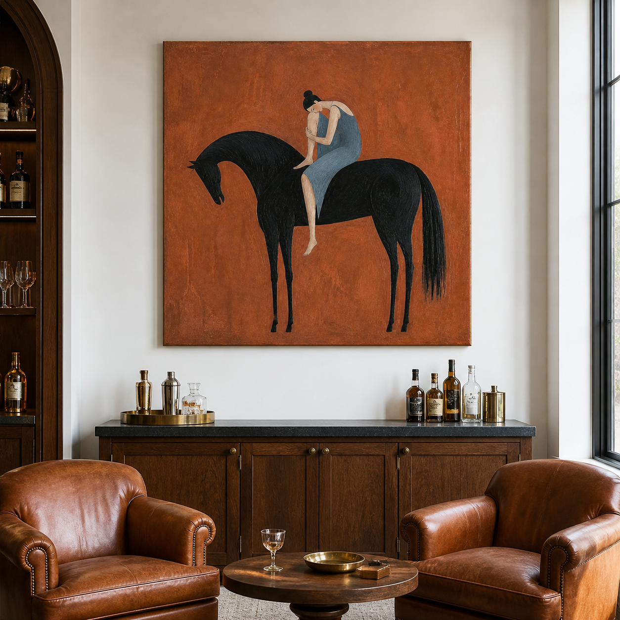 Large square black horse wall art with female figure