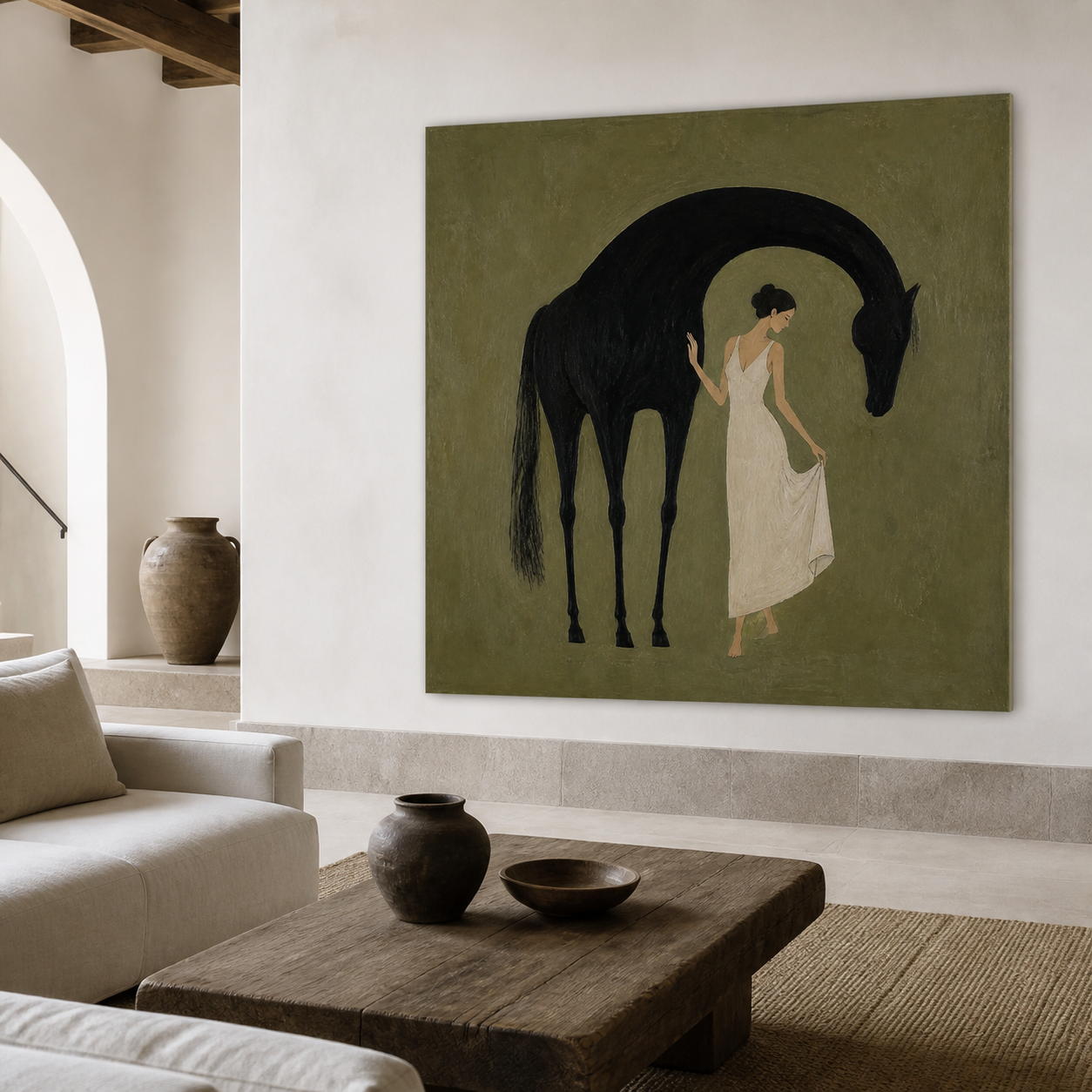Large square horse painting featuring elegant female figure