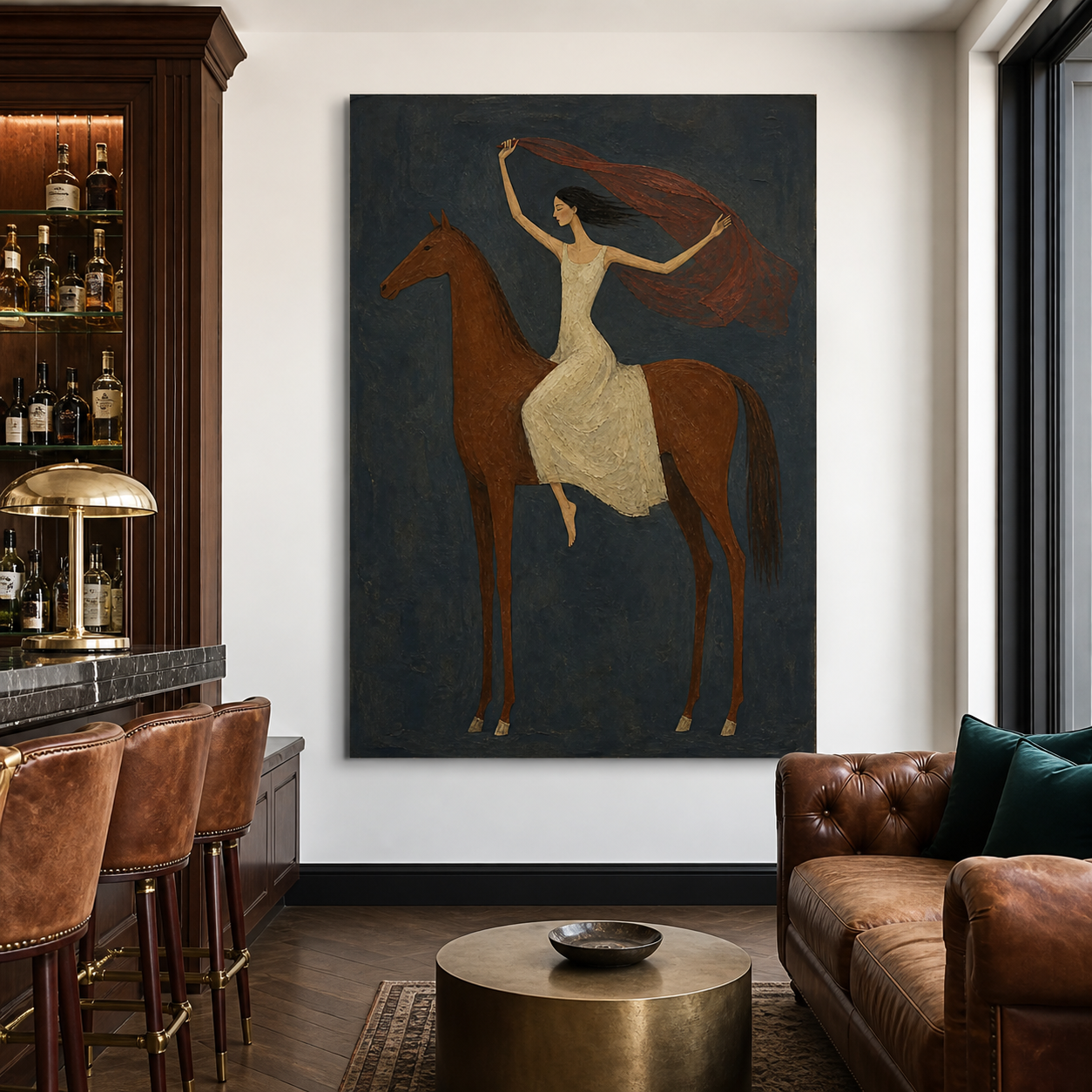 Large vertical horse wall art on dark blue background