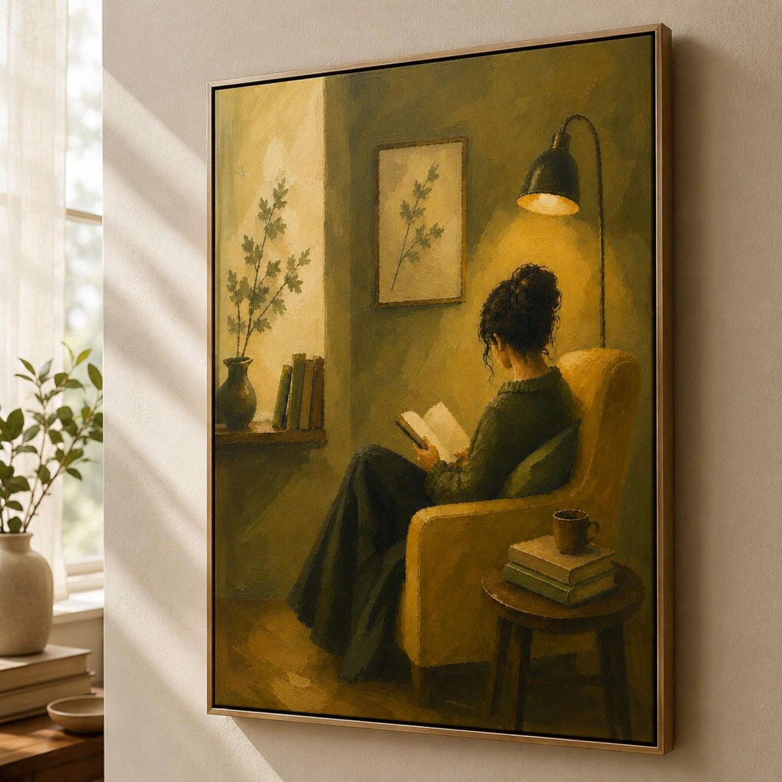 Literary Wall Decor with Woman Reading by Lamp